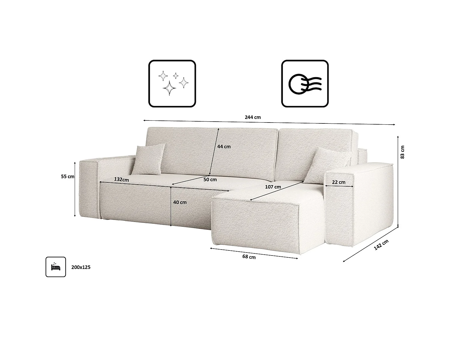 Ecksofa mit schlaffunktion und bettkasten, Ecksofa L-Form, Eckcouch L-Form BEST stoff Abriamo Ecru Rechts