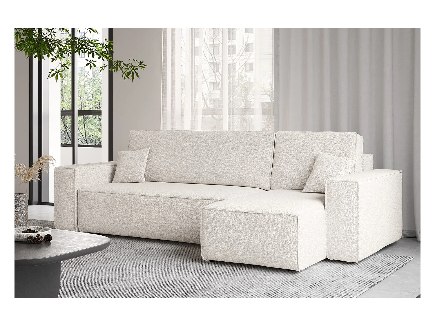 Canapé d'angle avec fonction couchage et coffre de lit, canapé d'angle en L, canapé d'angle en L BEST tissu Abriamo Écru Droite