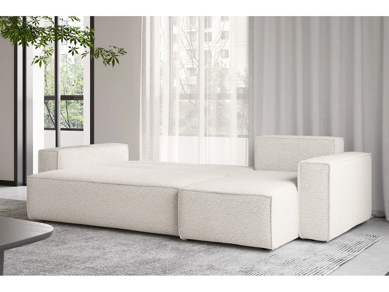 Canapé d'angle avec fonction couchage et coffre de lit, canapé d'angle en L, canapé d'angle en L BEST tissu Abriamo Écru Droite