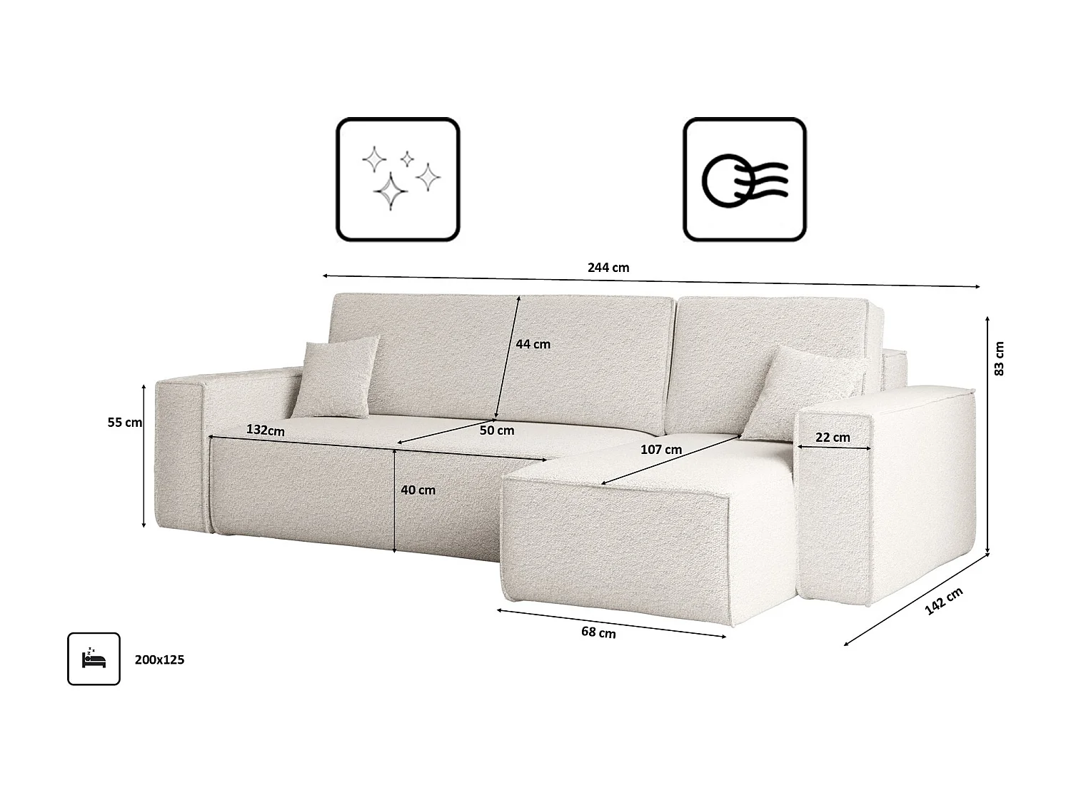 Canapé d'angle avec fonction couchage et coffre de lit, canapé d'angle en L, canapé d'angle en L BEST tissu Abriamo Écru Droite