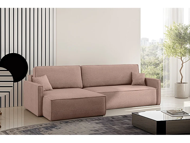 Schlafsofa Carlos, Ecksofa L-Form mit schlaffunktion und bettkasten Stoff Poso Rosa Links