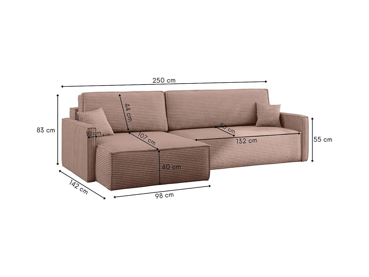 Canapé-lit Carlos, canapé d'angle en L avec fonction couchage et coffre de lit, tissu Poso Rosa Left