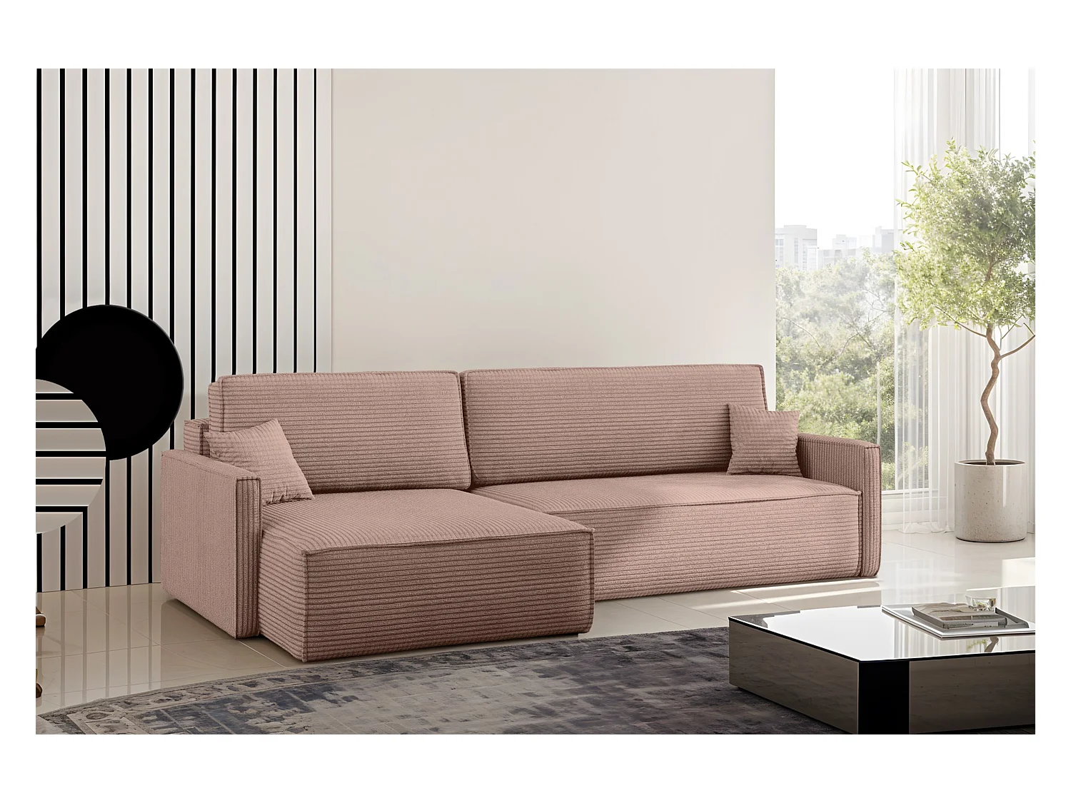 Schlafsofa Carlos, Ecksofa L-Form mit schlaffunktion und bettkasten Stoff Poso Rosa Links