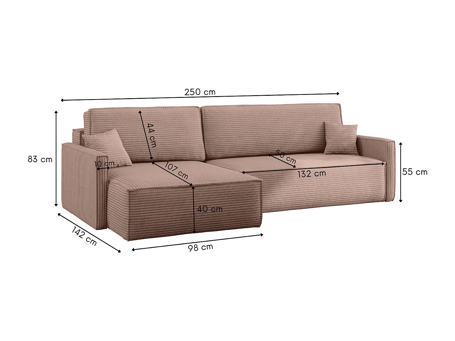 Canapé-lit Carlos, canapé d'angle en L avec fonction couchage et coffre de lit, tissu Poso Rosa Left