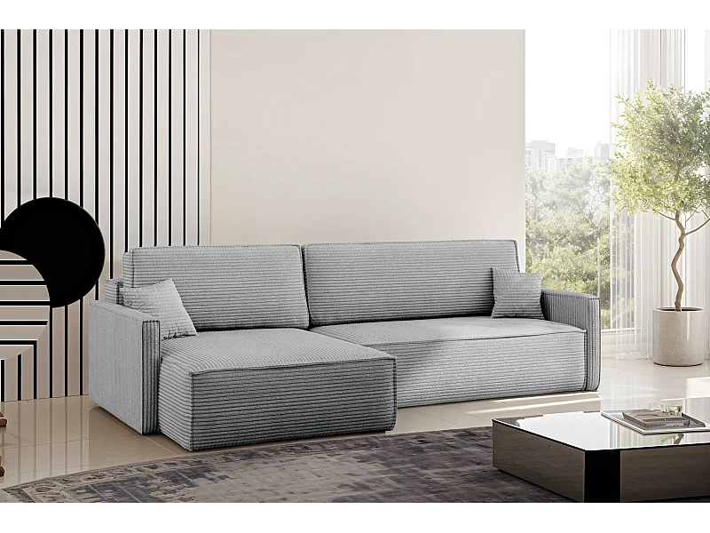 Schlafsofa Carlos, Ecksofa L-Form mit schlaffunktion und bettkasten Stoff Poso Silber Links