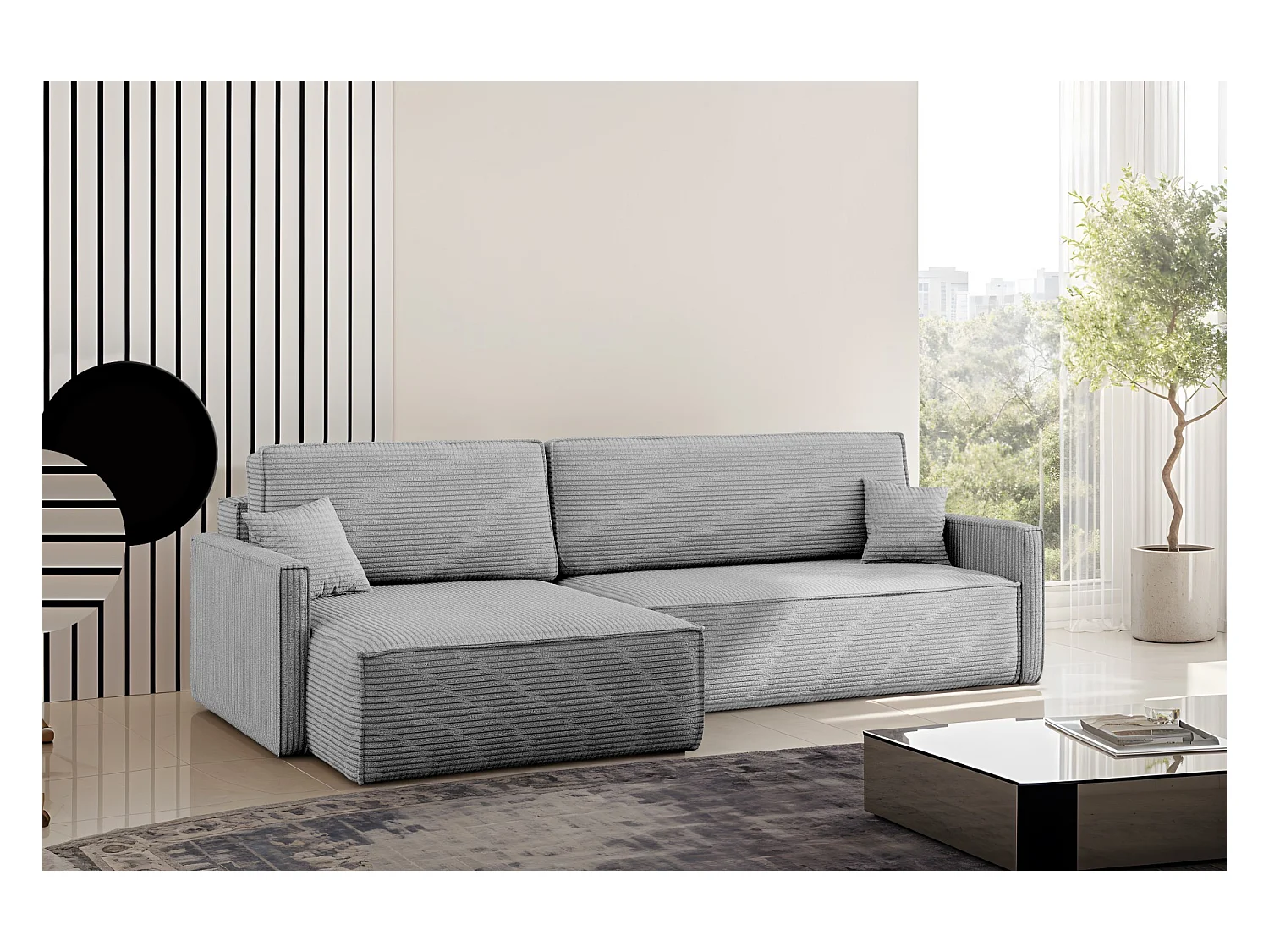 Schlafsofa Carlos, Ecksofa L-Form mit schlaffunktion und bettkasten Stoff Poso Silber Links