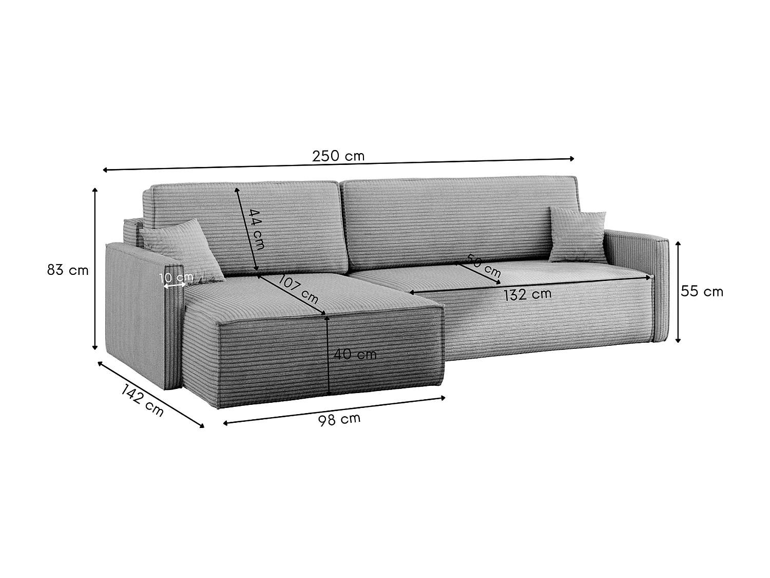 Canapé-lit Carlos, canapé d'angle en L avec fonction couchage et coffre de lit, tissu Poso Silver Left