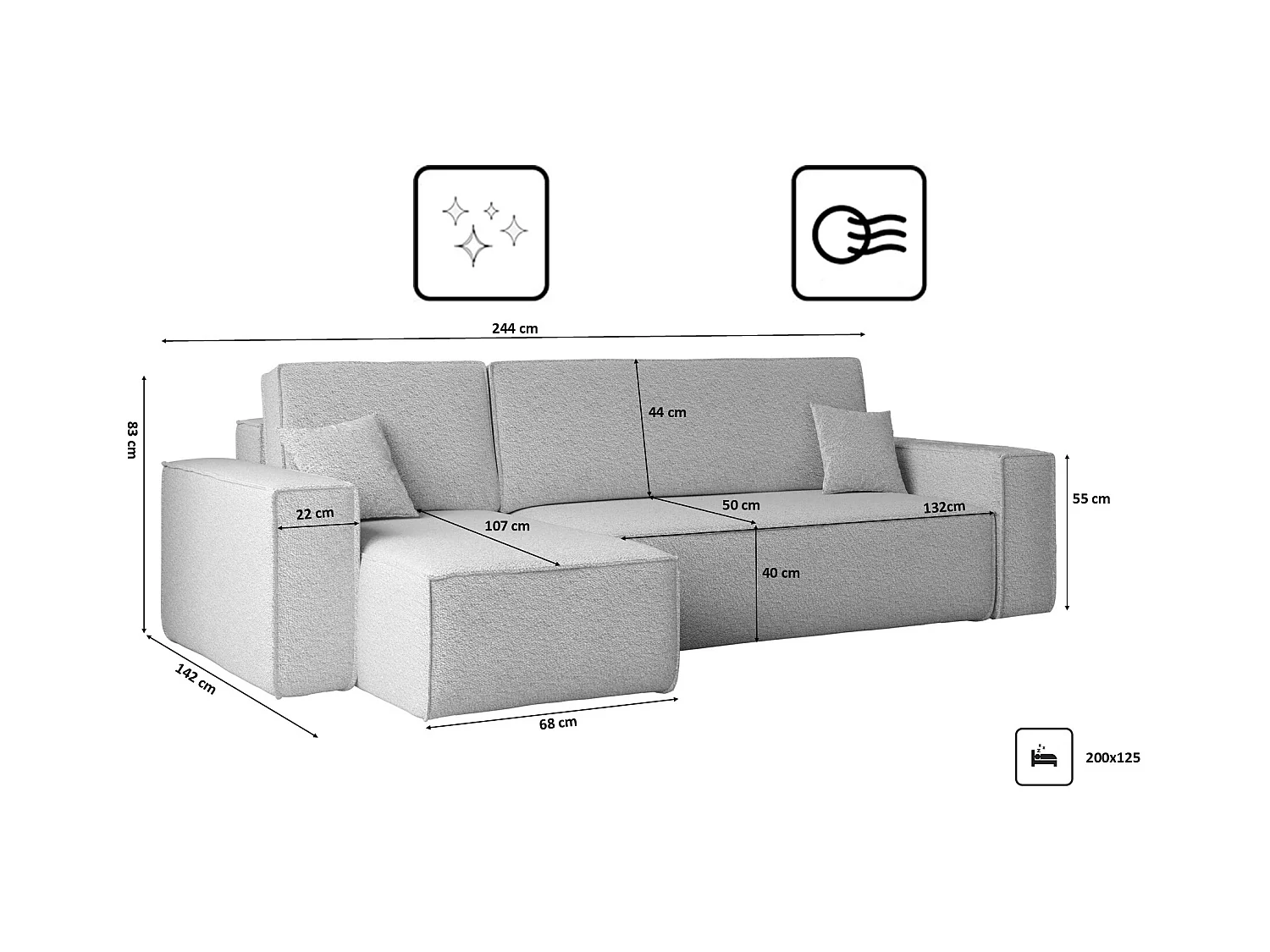 Ecksofa mit schlaffunktion und bettkasten, Ecksofa L-Form, Eckcouch L-Form BEST stoff Abriamo Hellgrau Links