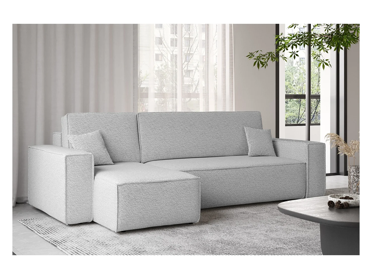 Canapé d'angle avec fonction couchage et coffre de lit, canapé d'angle en L, canapé d'angle en L BEST tissu Abriamo Gris Clair Gauche