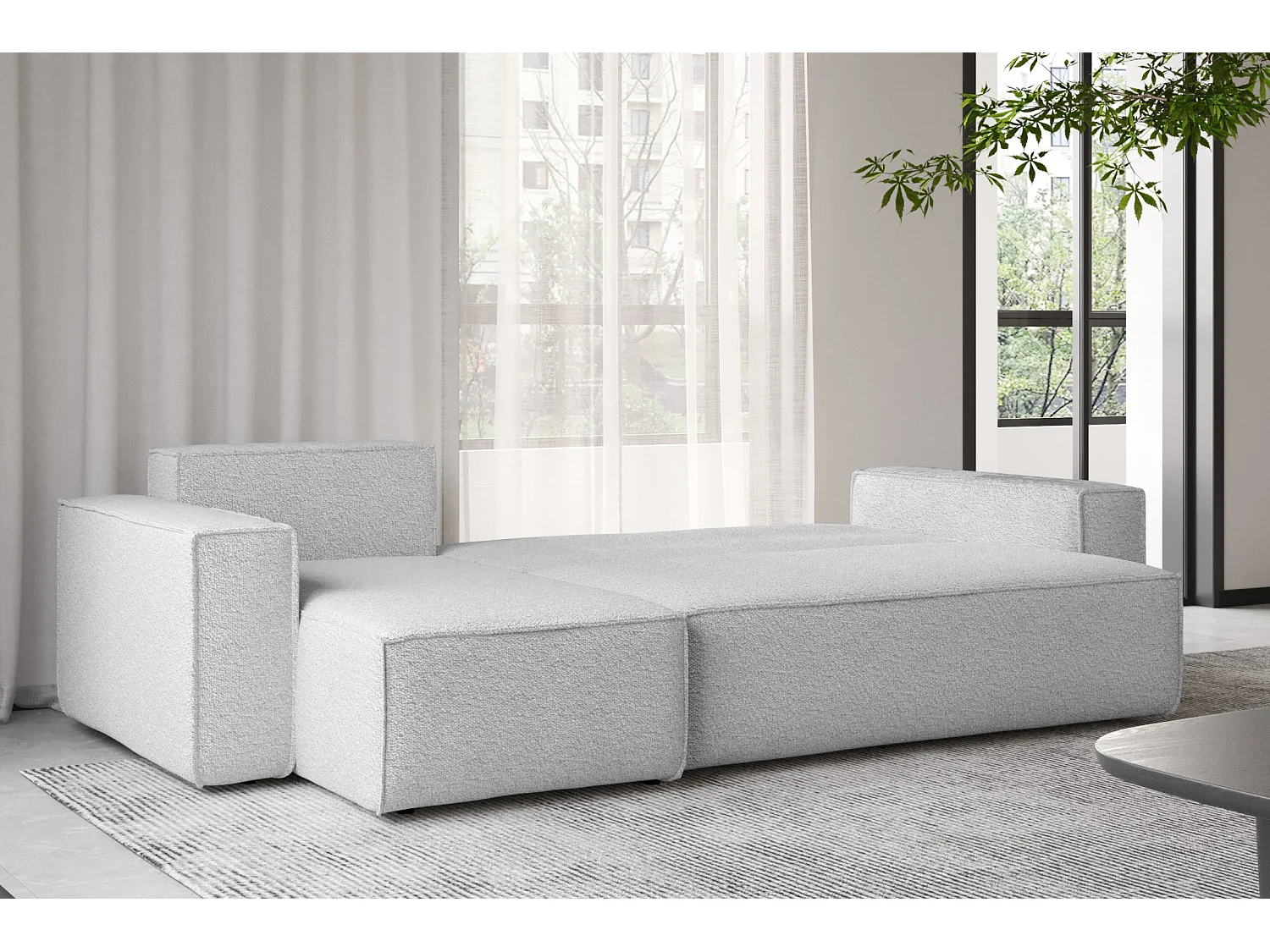 Canapé d'angle avec fonction couchage et coffre de lit, canapé d'angle en L, canapé d'angle en L BEST tissu Abriamo Gris Clair Gauche