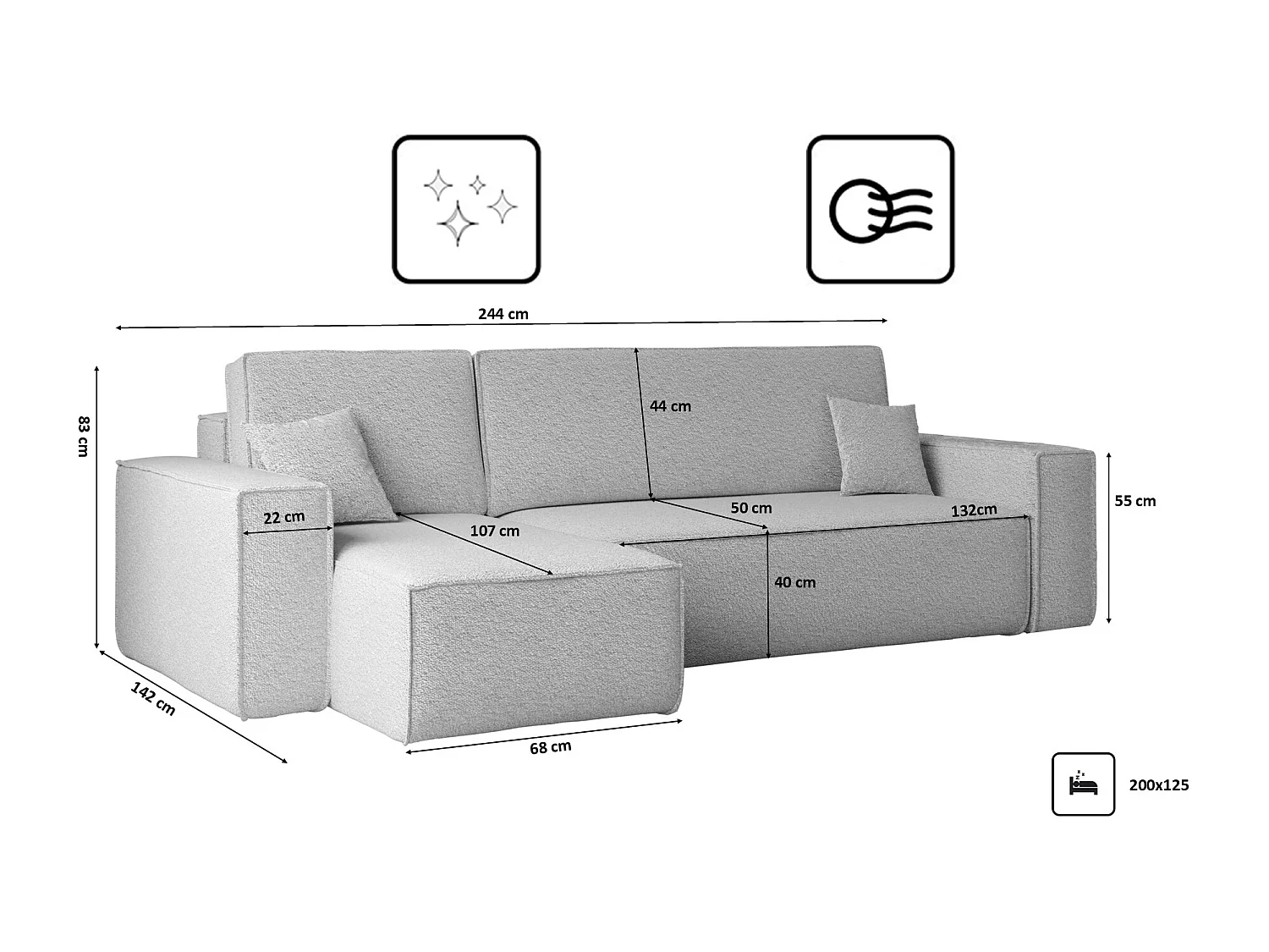 Canapé d'angle avec fonction couchage et coffre de lit, canapé d'angle en L, canapé d'angle en L BEST tissu Abriamo Gris Clair Gauche