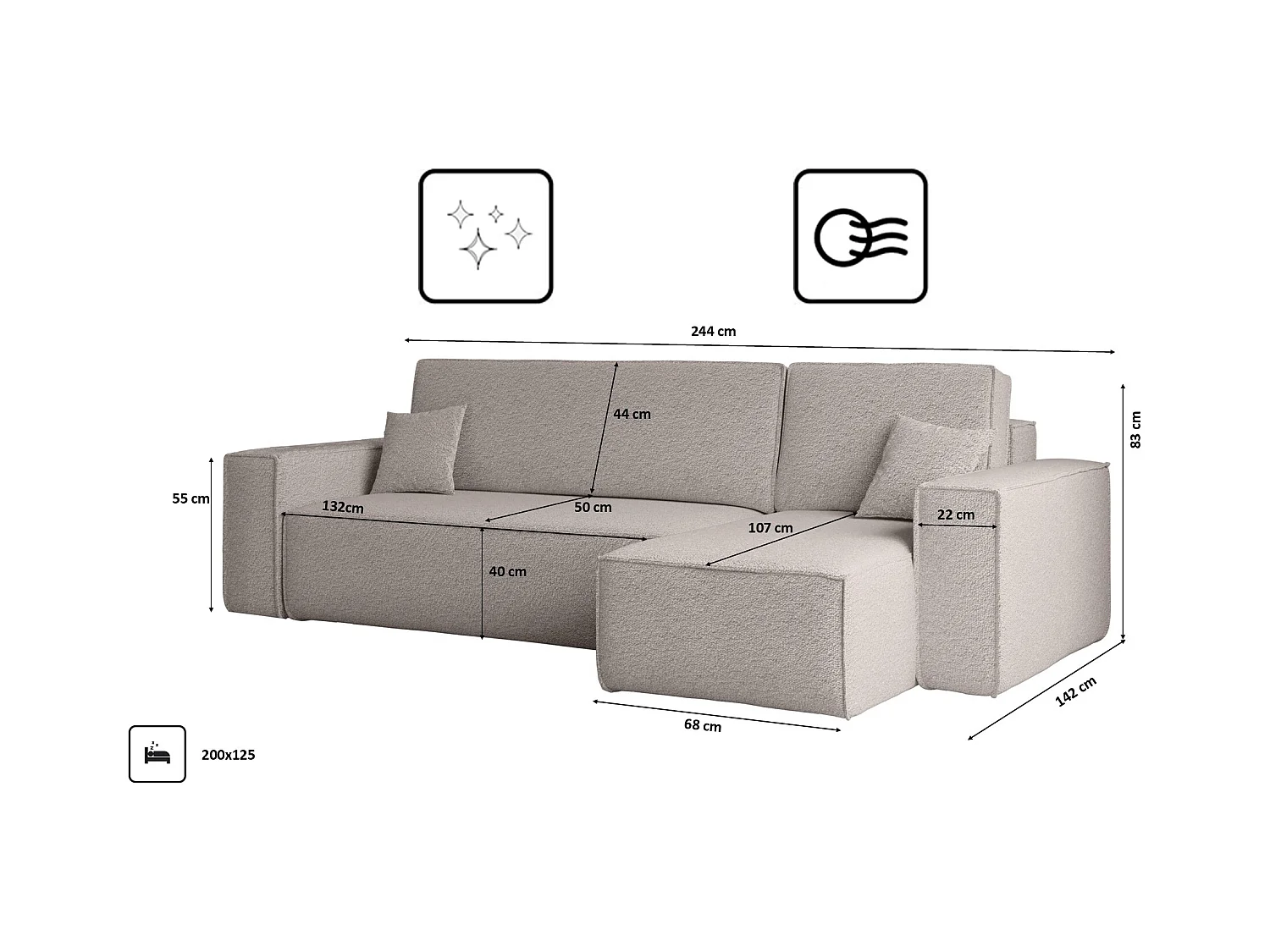 Ecksofa mit schlaffunktion und bettkasten, Ecksofa L-Form, Eckcouch L-Form BEST stoff Abriamo Dunkelbeige Rechts