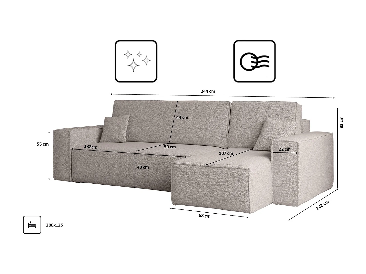 Canapé d'angle avec fonction couchage et coffre de lit, canapé d'angle en L, canapé d'angle en L BEST tissu Abriamo beige foncé droite