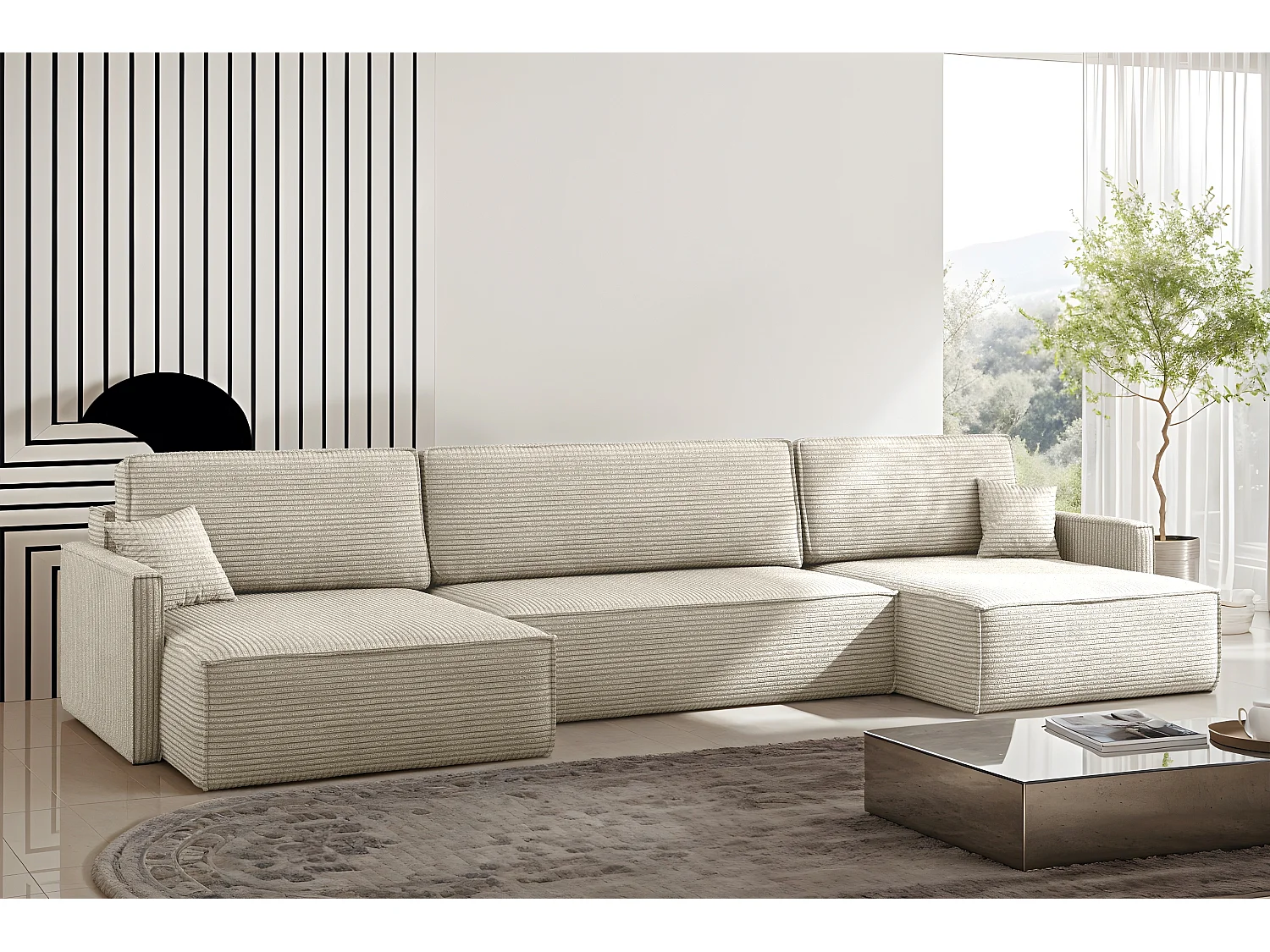 Ecksofa Carlos Mit Schlaffunktion und Bettkasten Elegante Stoff Poso Beige