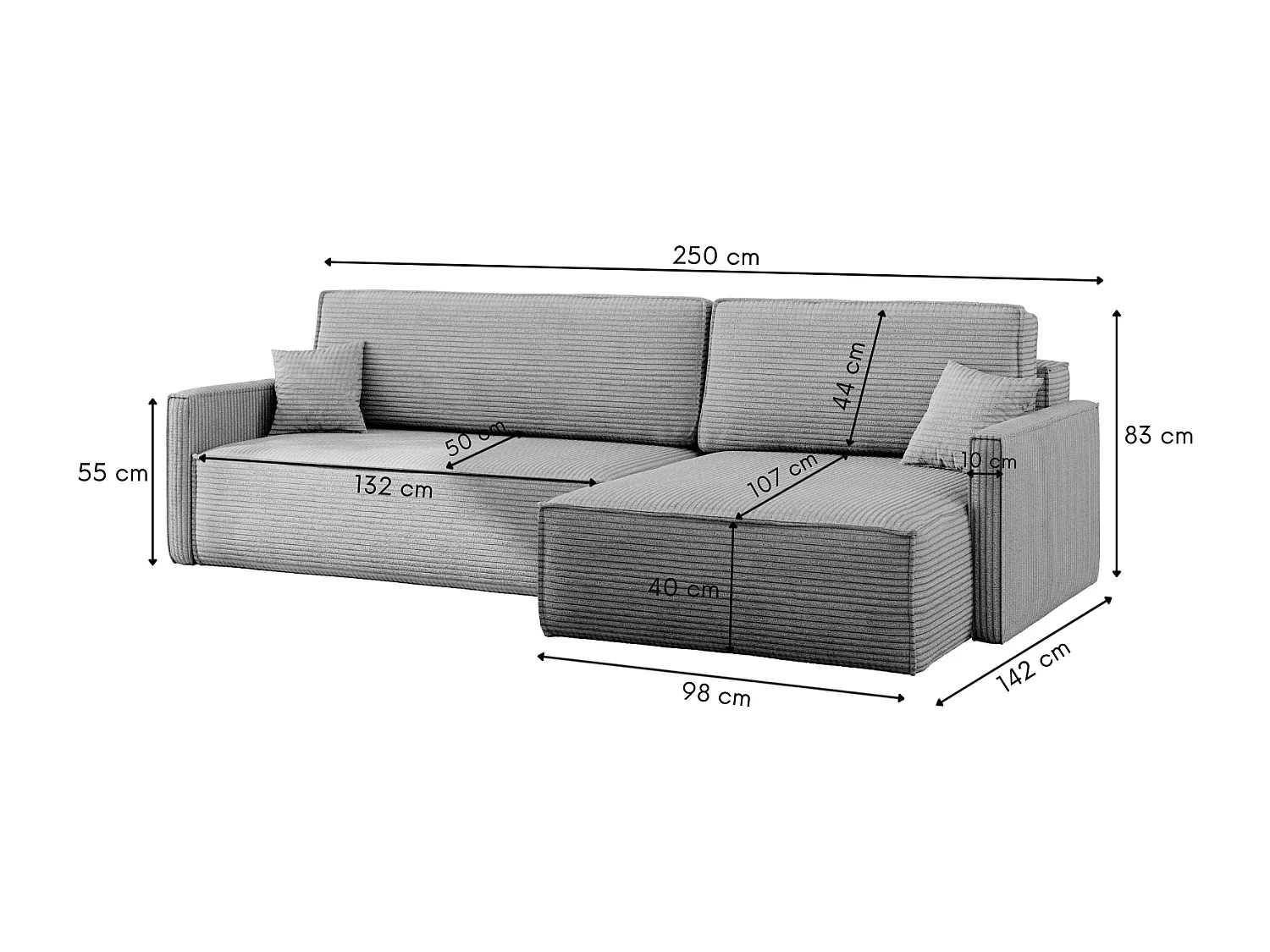 Canapé-lit Carlos, canapé d'angle en L avec fonction couchage et coffre de lit, tissu Poso Silver, droite