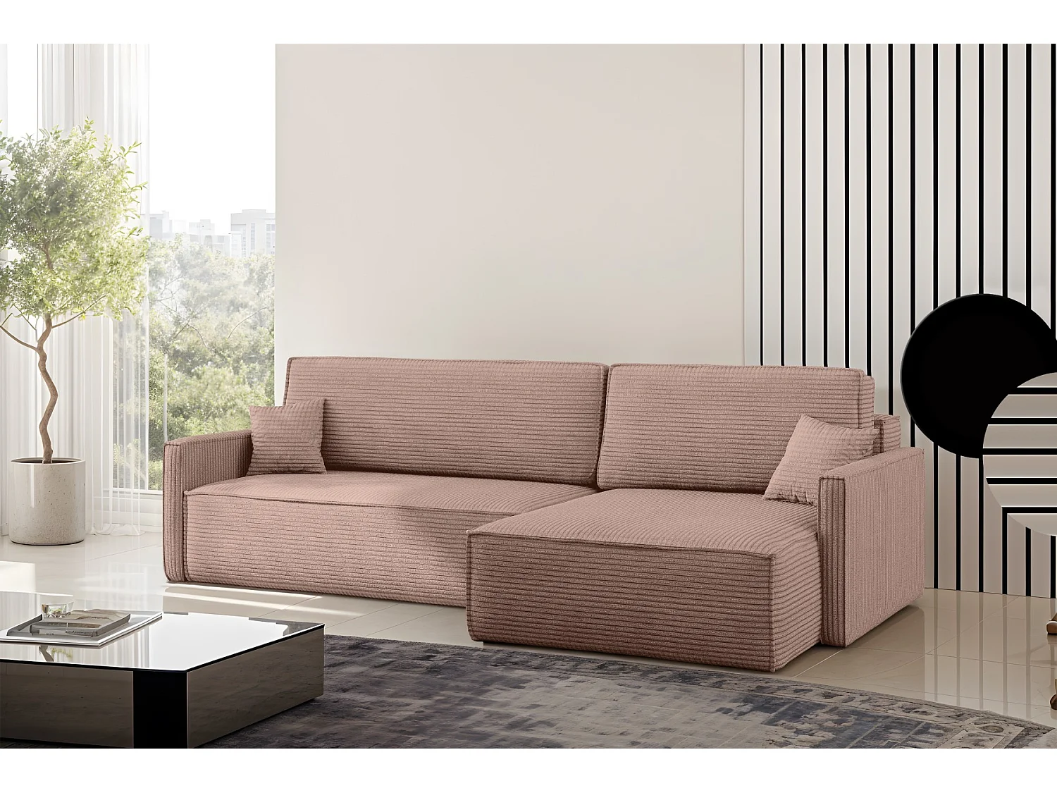 Canapé-lit Carlos, canapé d'angle en L avec fonction couchage et coffre de lit, tissu Poso Rosa, droite