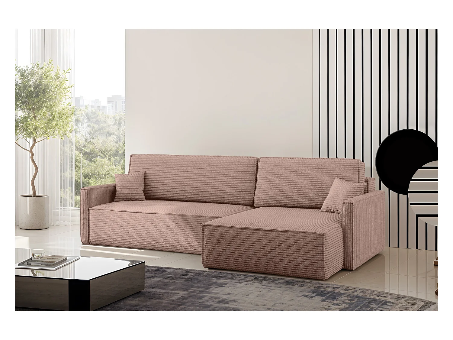 Schlafsofa Carlos, Ecksofa L-Form mit schlaffunktion und bettkasten Stoff Poso Rosa Rechts