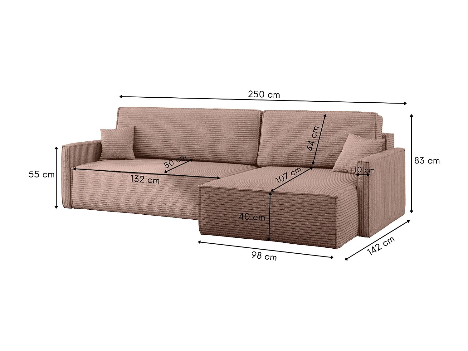 Canapé-lit Carlos, canapé d'angle en L avec fonction couchage et coffre de lit, tissu Poso Rosa, droite