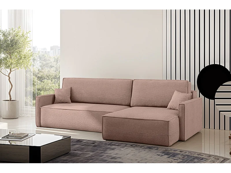 Carlos slaapbank, L-vormige hoekbank met slaapfunctie en bedstee, stof Poso Rosa, rechts