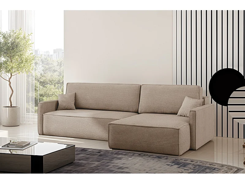 Schlafsofa Carlos, Ecksofa L-Form mit schlaffunktion und bettkasten Stoff Poso Dunkelbeige Rechts