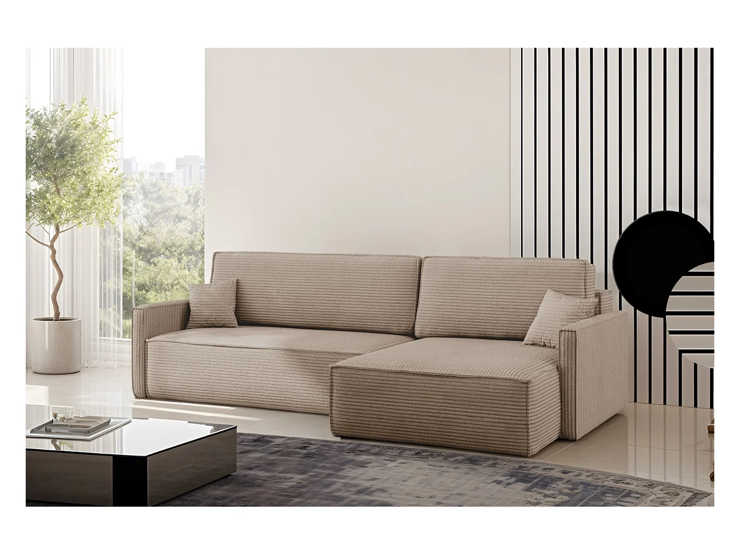 Canapé-lit Carlos, canapé d'angle en L avec fonction couchage et coffre de lit, tissu Poso beige foncé, droite