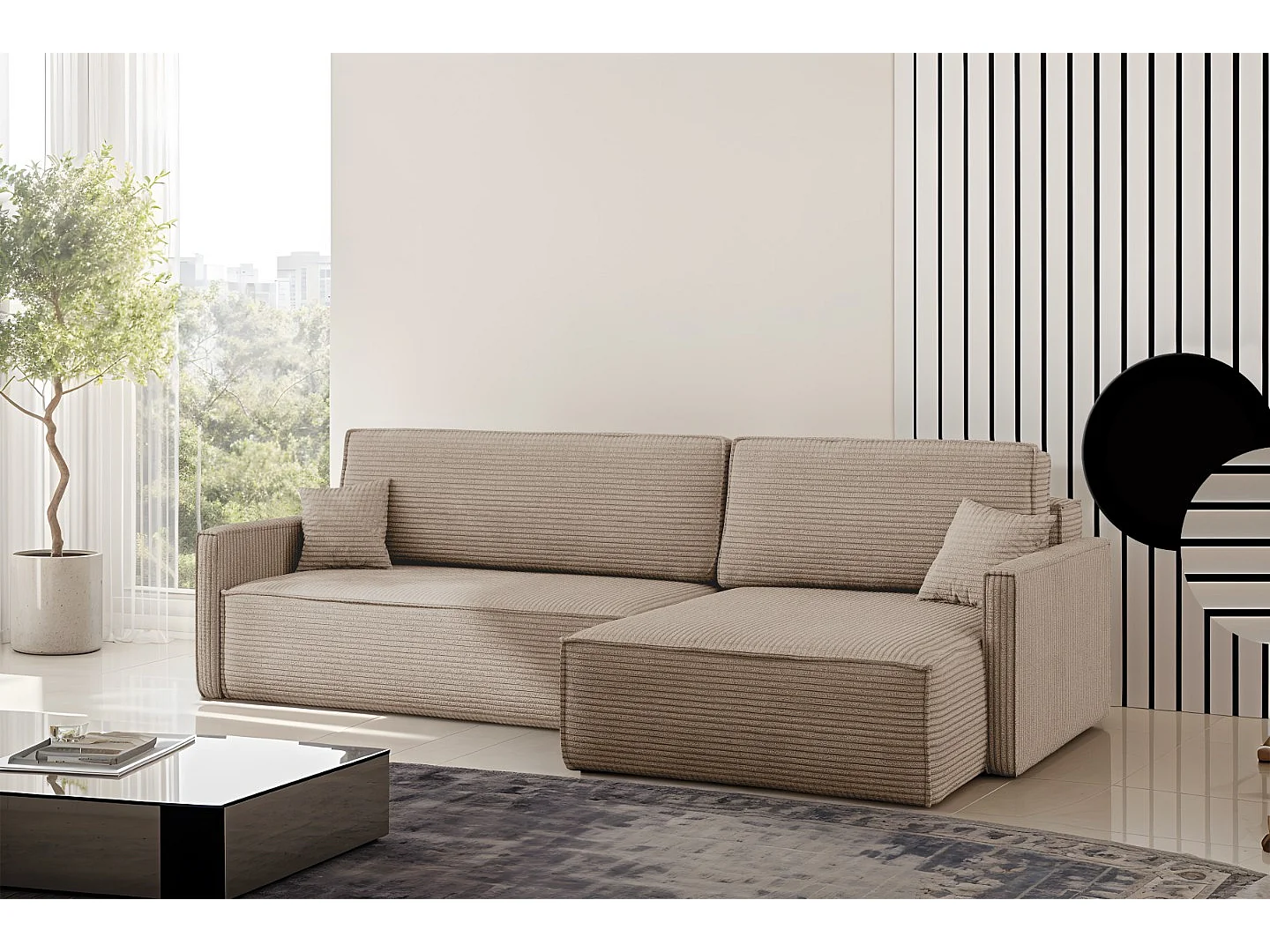 Canapé-lit Carlos, canapé d'angle en L avec fonction couchage et coffre de lit, tissu Poso beige foncé, droite