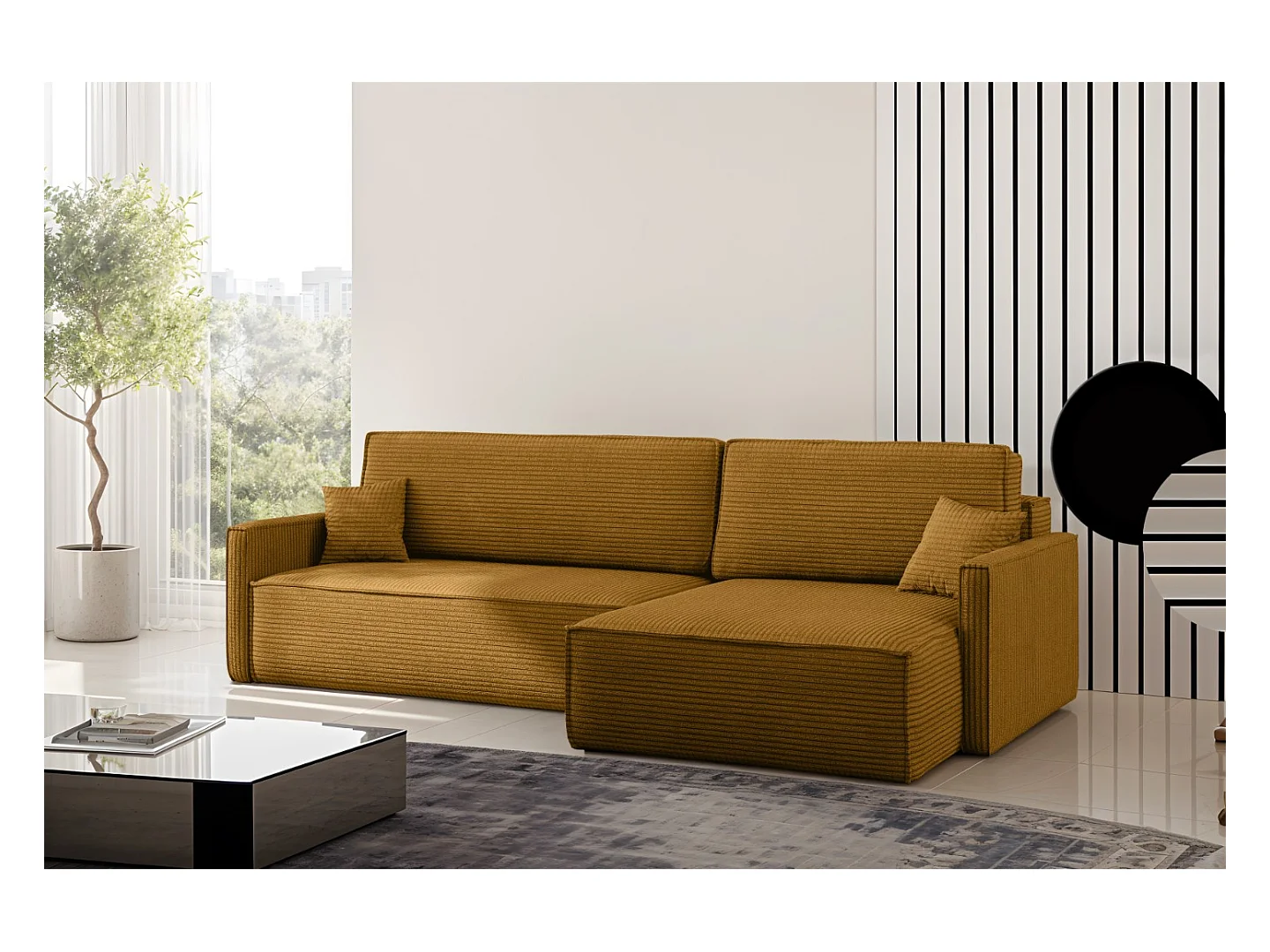 Canapé-lit Carlos, canapé d'angle en L avec fonction couchage et coffre de lit, tissu Poso couleur moutarde, droite