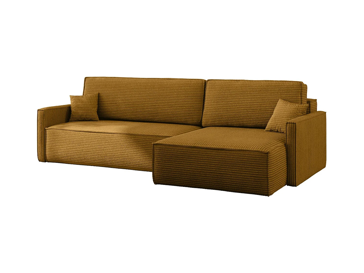 Canapé-lit Carlos, canapé d'angle en L avec fonction couchage et coffre de lit, tissu Poso couleur moutarde, droite