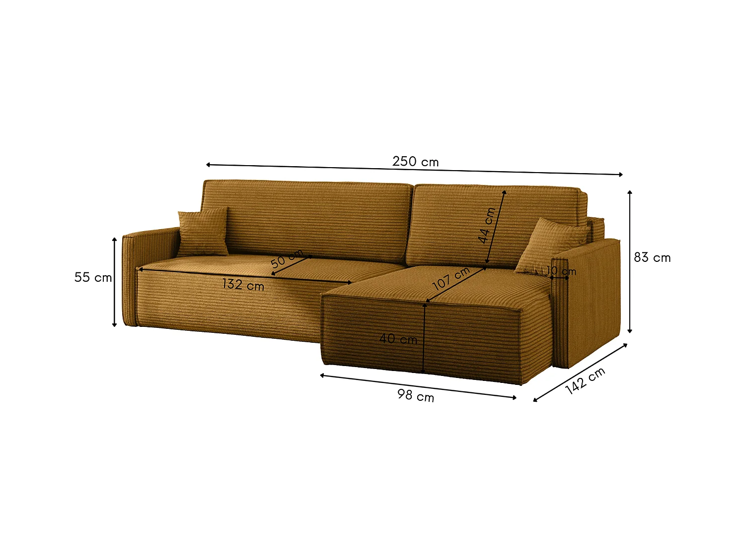 Canapé-lit Carlos, canapé d'angle en L avec fonction couchage et coffre de lit, tissu Poso couleur moutarde, droite