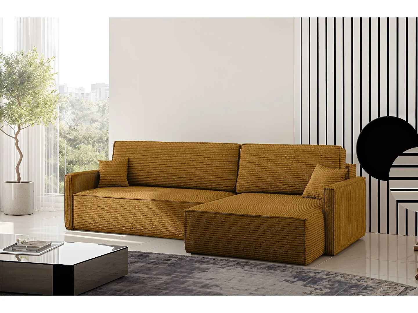 Canapé-lit Carlos, canapé d'angle en L avec fonction couchage et coffre de lit, tissu Poso couleur moutarde, droite