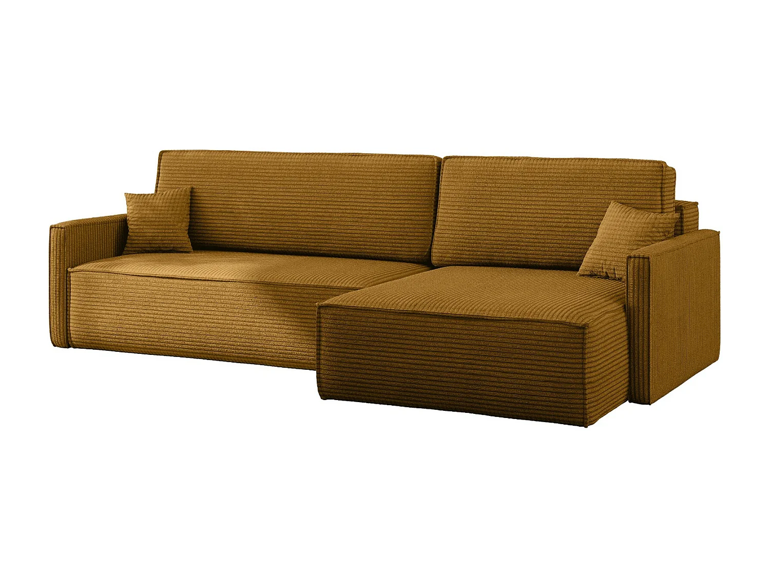 Canapé-lit Carlos, canapé d'angle en L avec fonction couchage et coffre de lit, tissu Poso couleur moutarde, droite