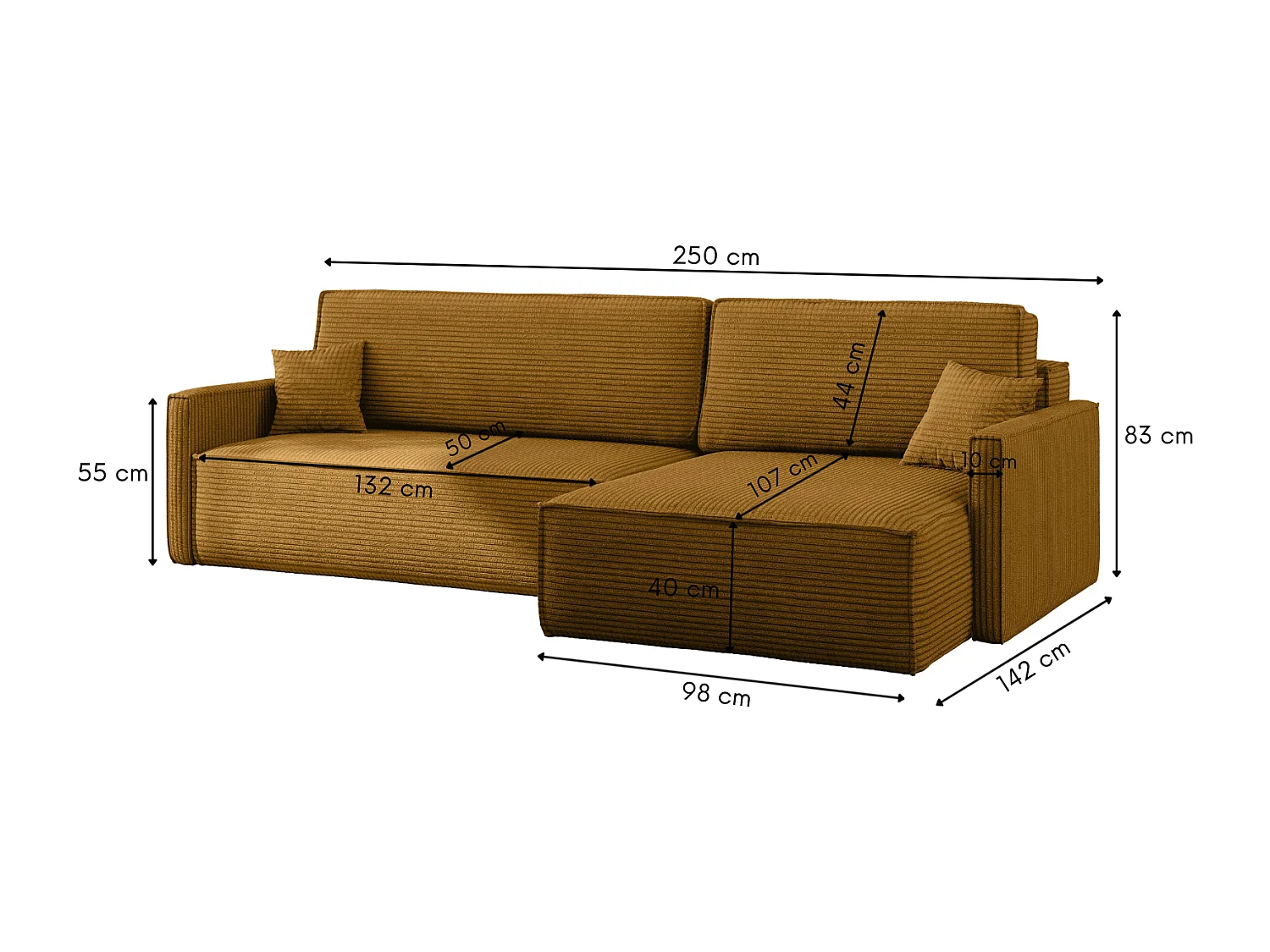 Canapé-lit Carlos, canapé d'angle en L avec fonction couchage et coffre de lit, tissu Poso couleur moutarde, droite