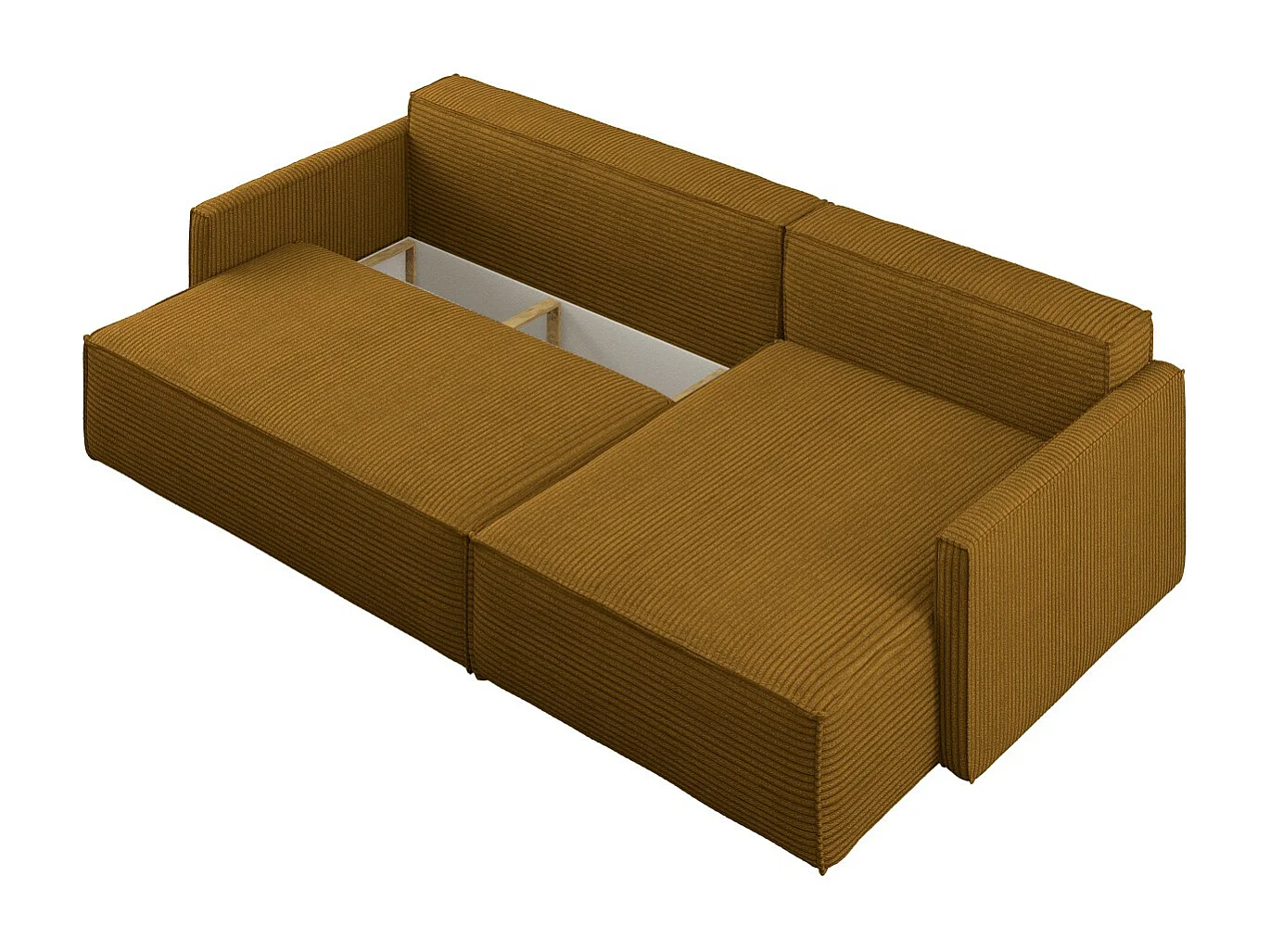 Canapé-lit Carlos, canapé d'angle en L avec fonction couchage et coffre de lit, tissu Poso couleur moutarde, droite