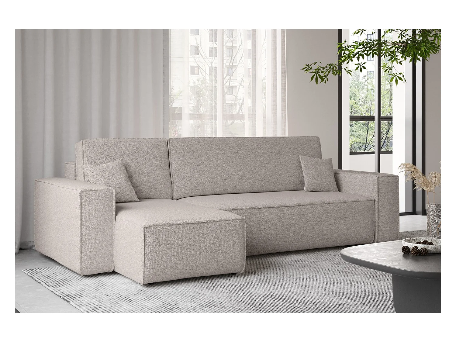 Canapé d'angle avec fonction couchage et coffre de lit, canapé d'angle en L, canapé d'angle en L BEST tissu Abriamo beige foncé gauche