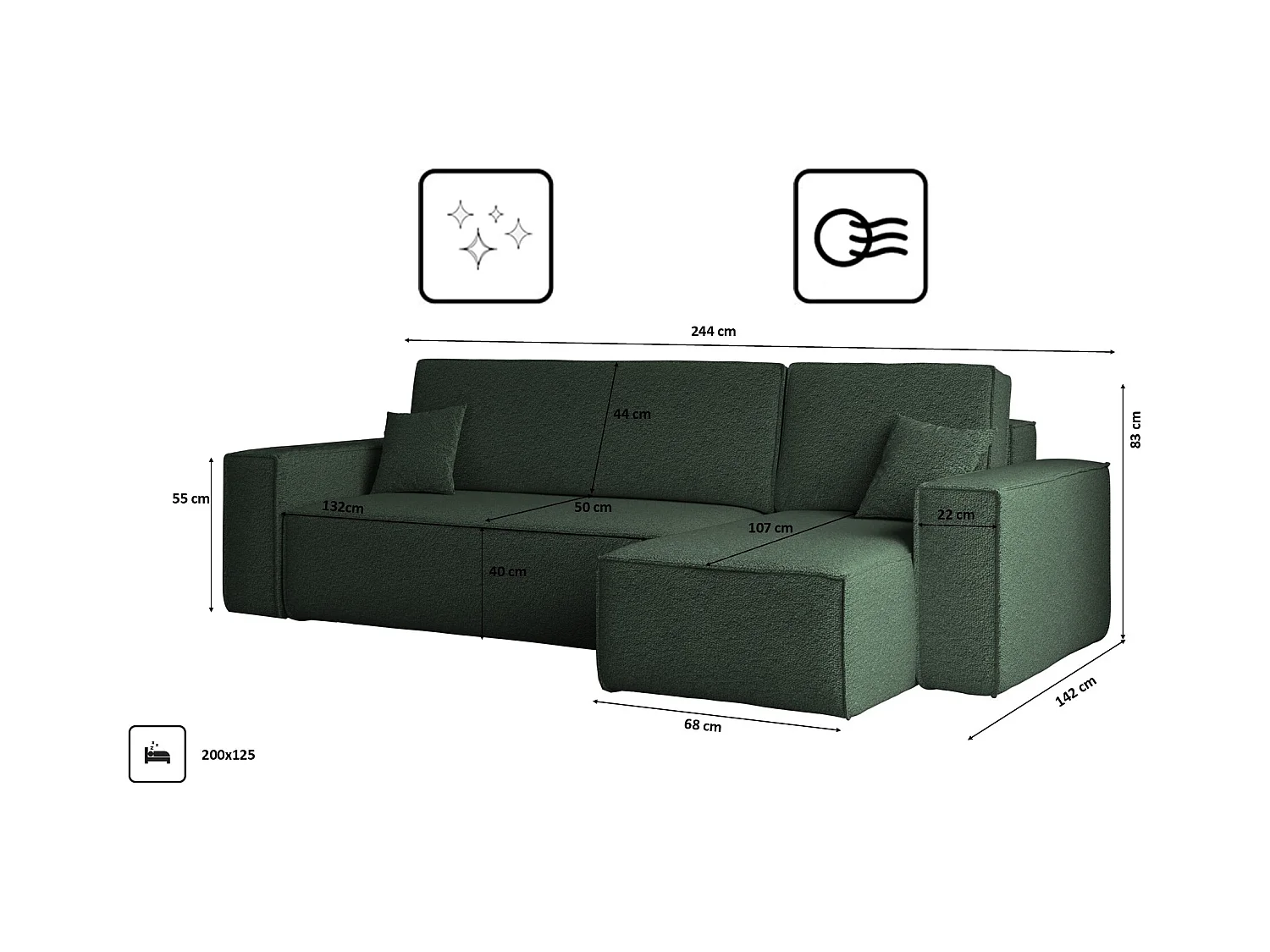 Ecksofa mit schlaffunktion und bettkasten, Ecksofa L-Form, Eckcouch L-Form BEST stoff Abriamo Dunkelgrün Rechts
