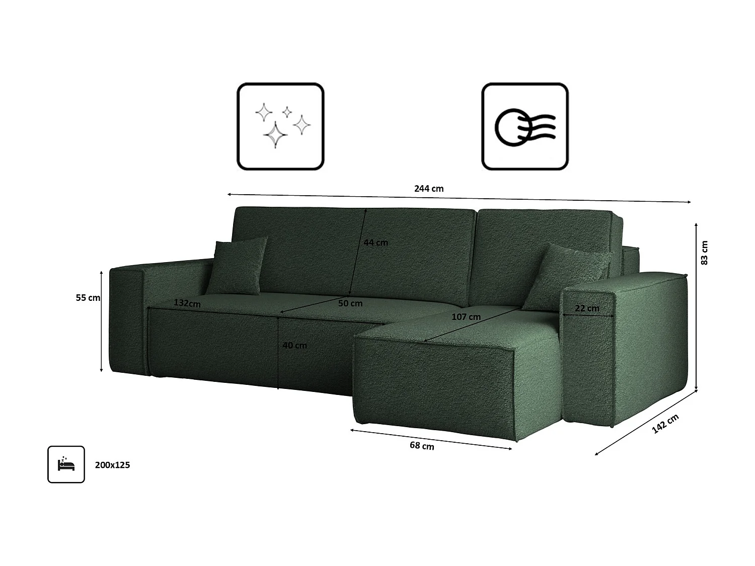 Ecksofa mit schlaffunktion und bettkasten, Ecksofa L-Form, Eckcouch L-Form BEST stoff Abriamo Dunkelgrün Rechts