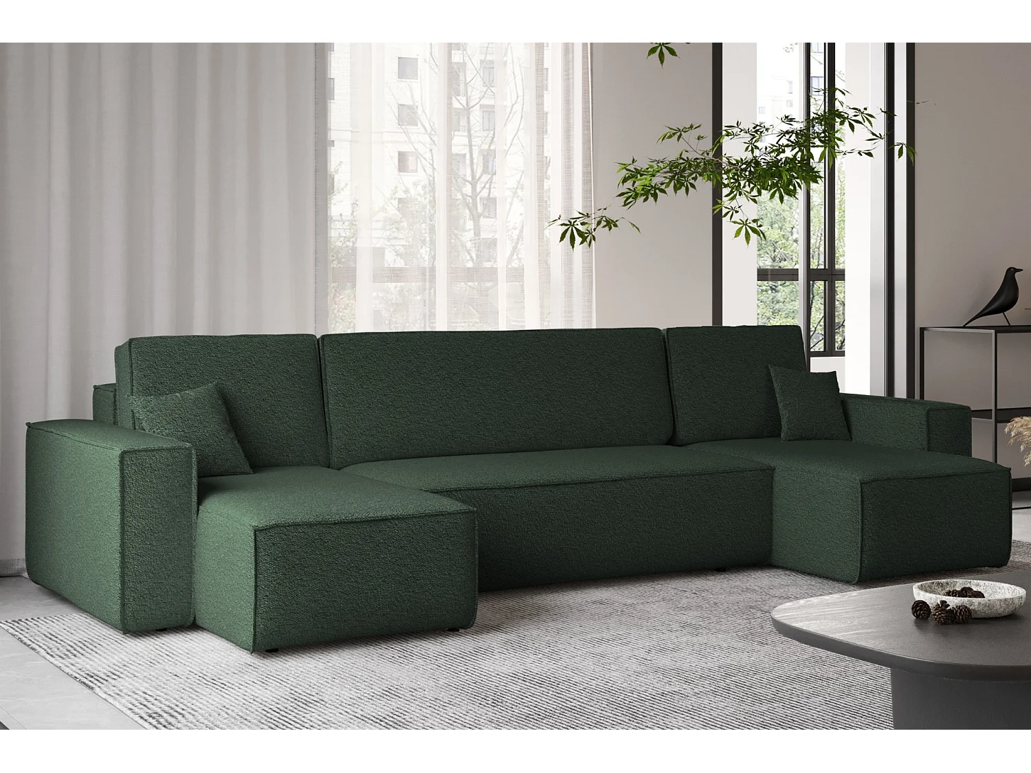 Ecksofa mit schlaffunktion und bettkasten, Sofa U-form, Couch U-form BEST stoff Abriamo Dunkelgrün