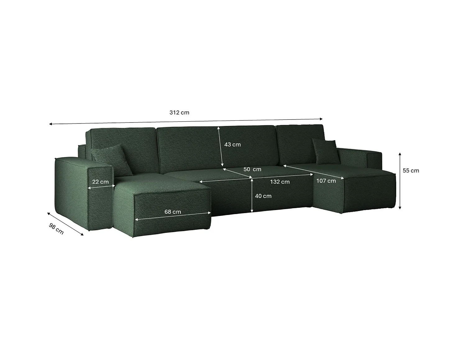 Ecksofa mit schlaffunktion und bettkasten, Sofa U-form, Couch U-form BEST stoff Abriamo Dunkelgrün