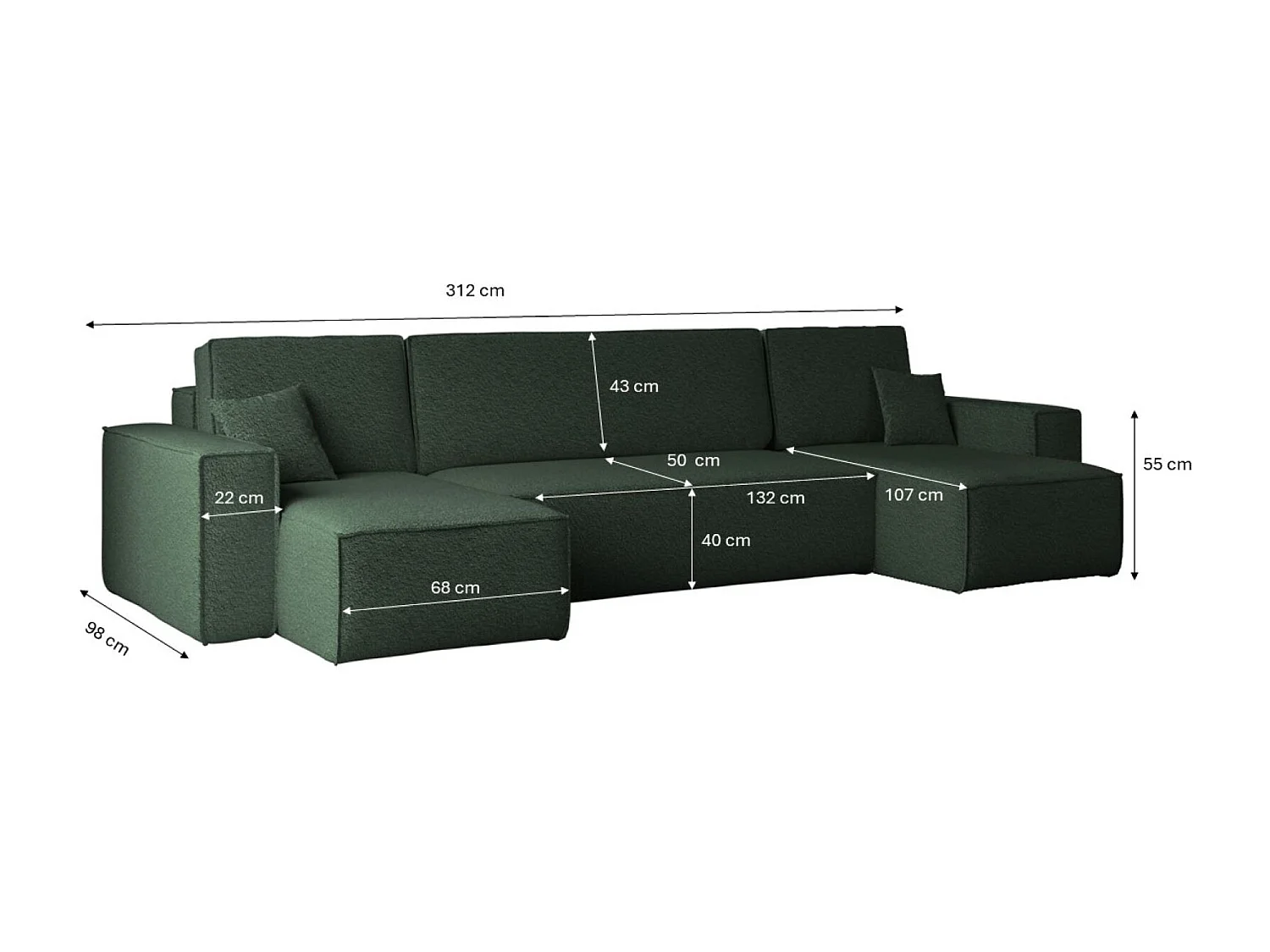 Ecksofa mit schlaffunktion und bettkasten, Sofa U-form, Couch U-form BEST stoff Abriamo Dunkelgrün