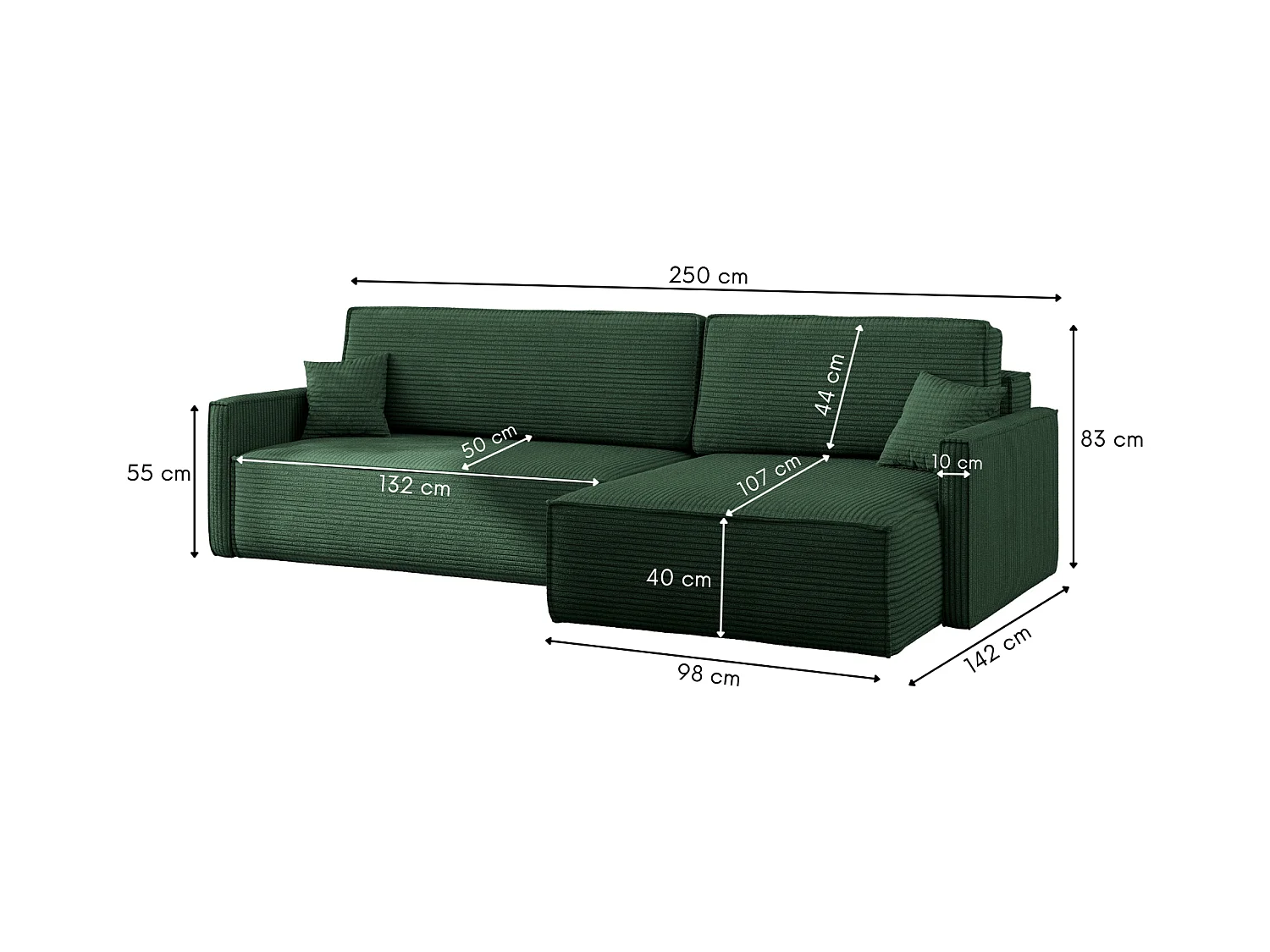 Canapé-lit Carlos, canapé d'angle en L avec fonction couchage et coffre de lit, tissu Poso Green, droite