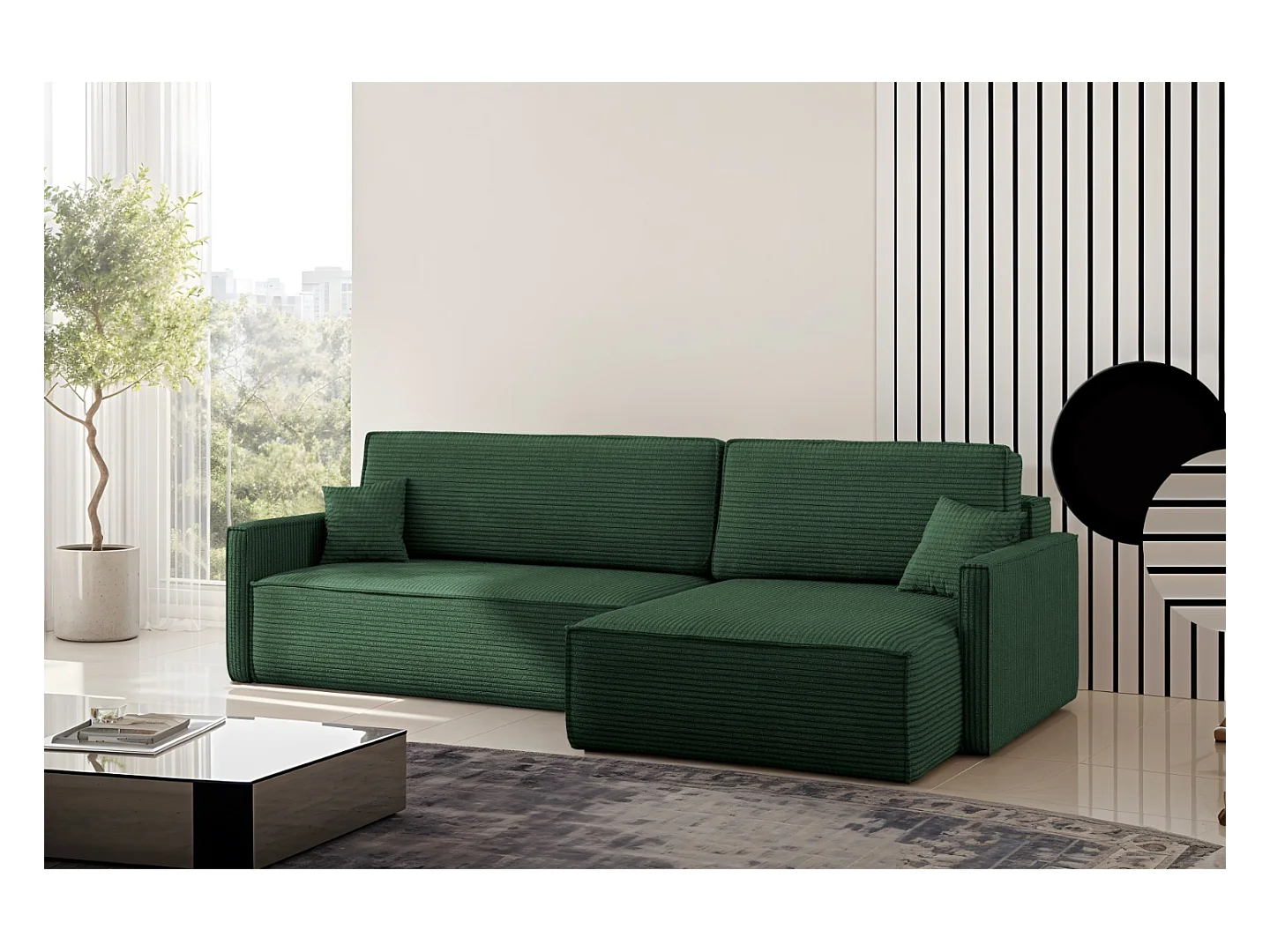 Schlafsofa Carlos, Ecksofa L-Form mit schlaffunktion und bettkasten Stoff Poso Grün Rechts