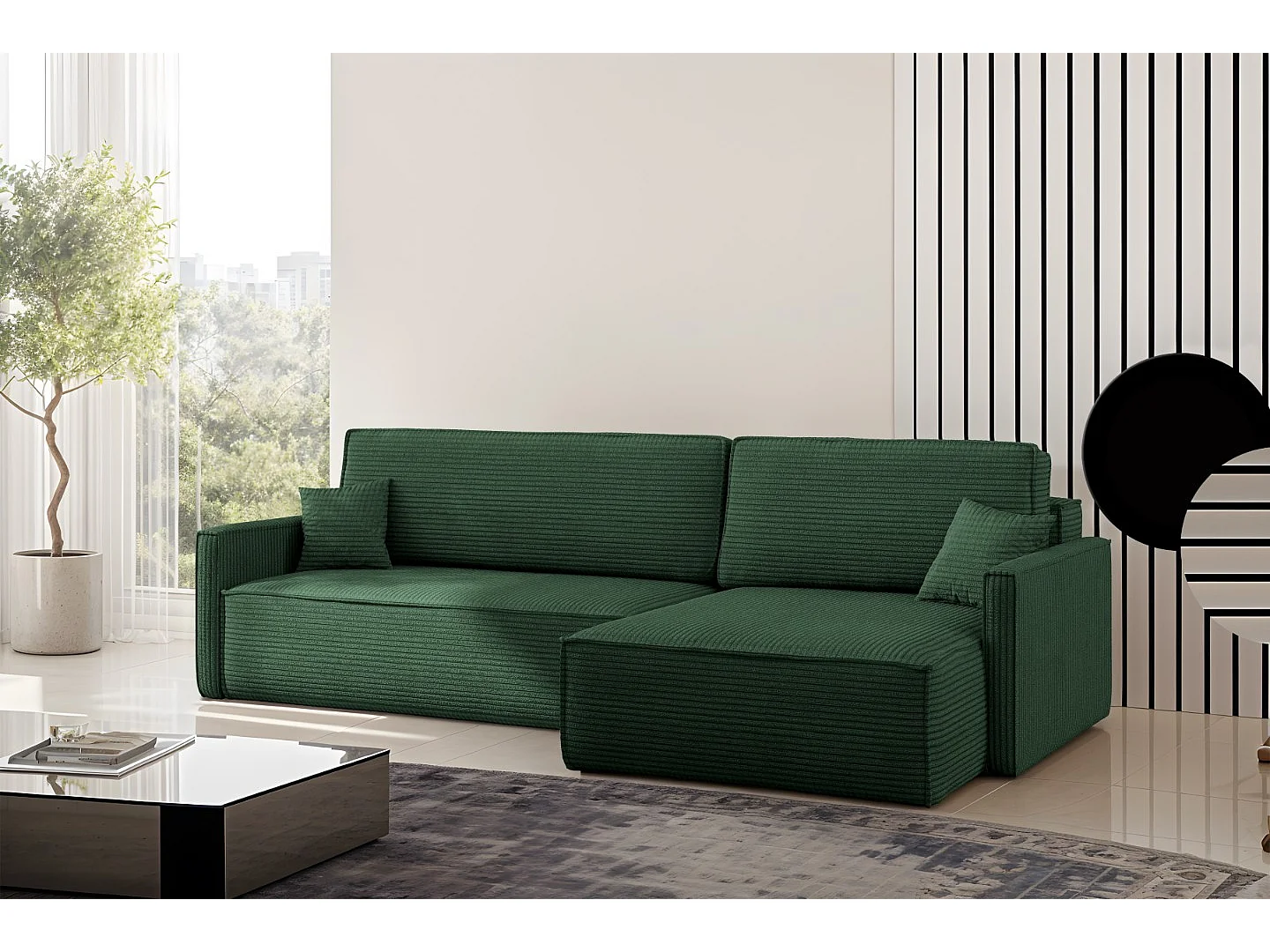 Canapé-lit Carlos, canapé d'angle en L avec fonction couchage et coffre de lit, tissu Poso Green, droite