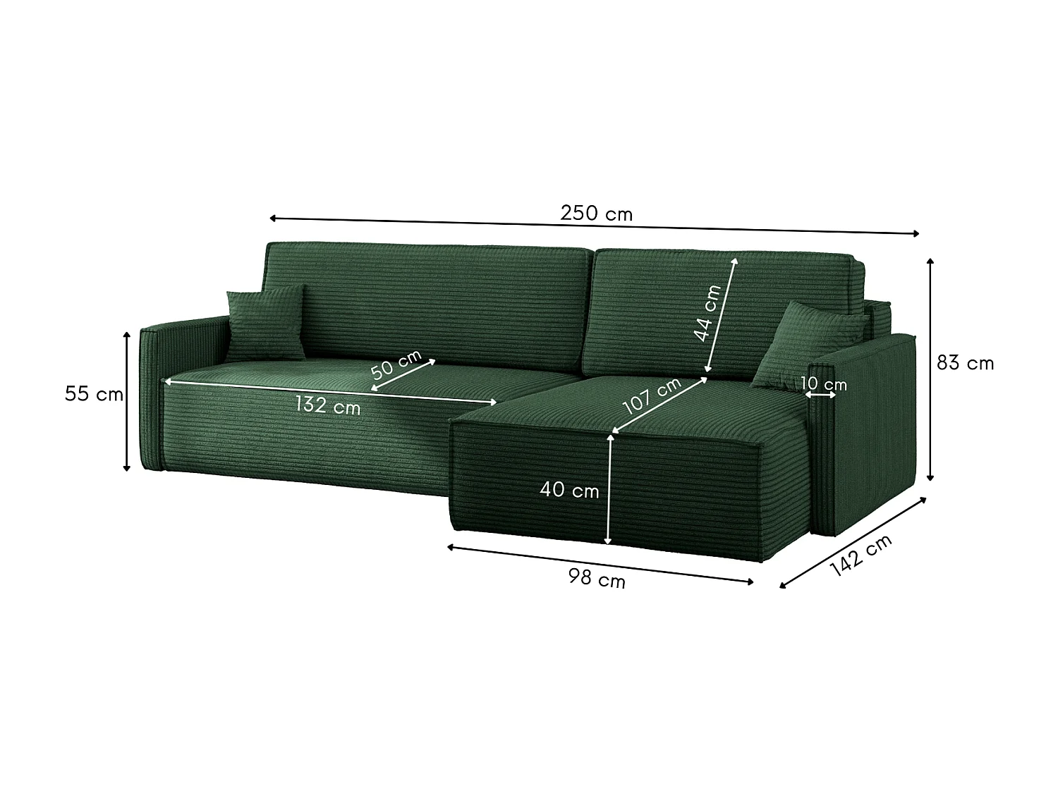 Canapé-lit Carlos, canapé d'angle en L avec fonction couchage et coffre de lit, tissu Poso Green, droite