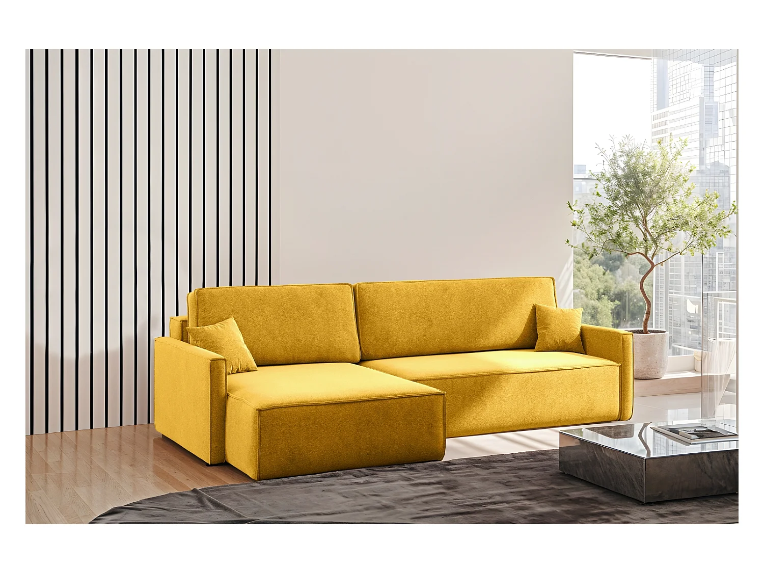 Schlafsofa Carlos L-Form, Ecksofa Mit Bettkasten Und Schlaffunktion Stoff Salvador Rechts Gelb