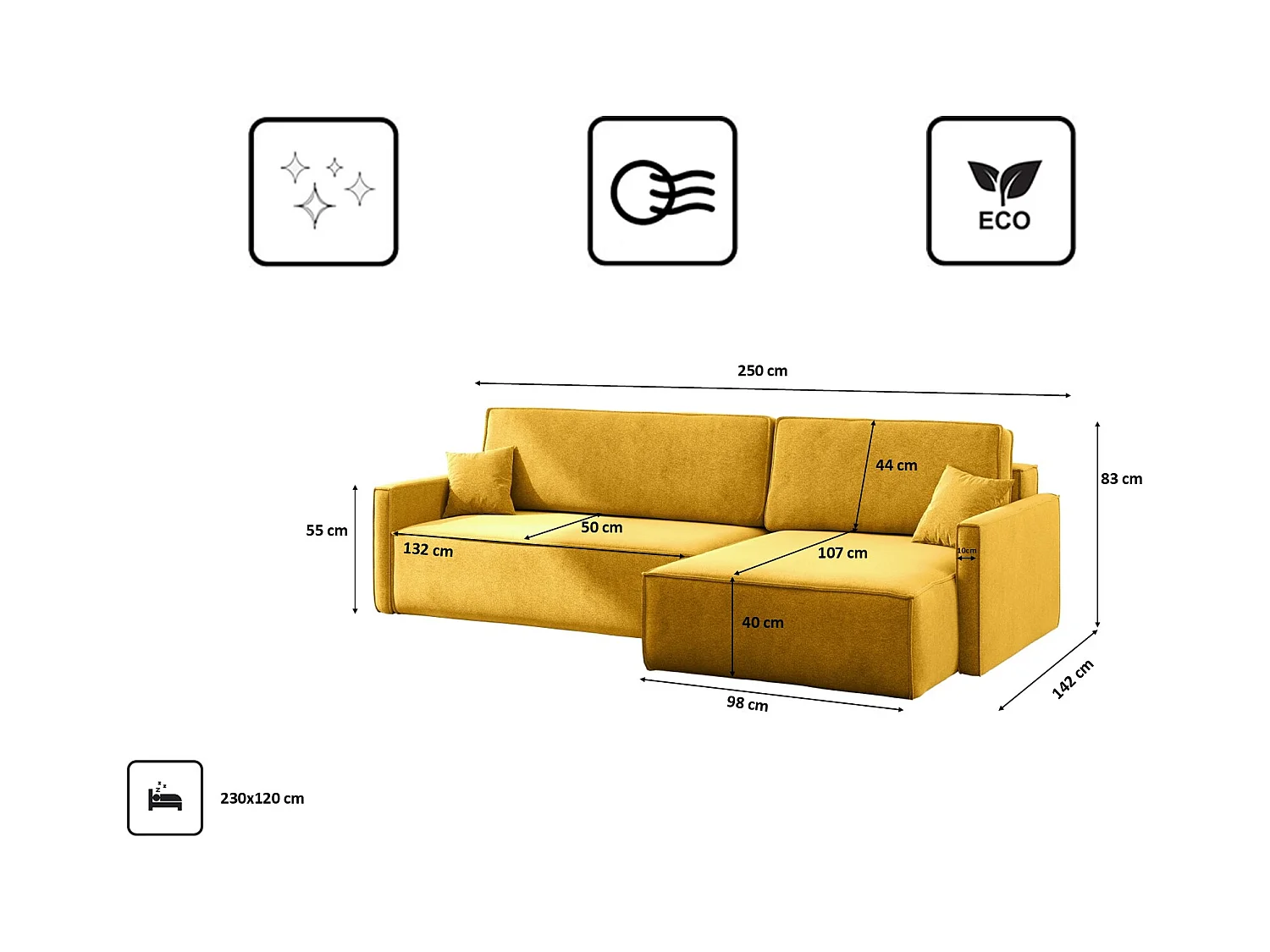 Schlafsofa Carlos L-Form, Ecksofa Mit Bettkasten Und Schlaffunktion Stoff Salvador Rechts Gelb