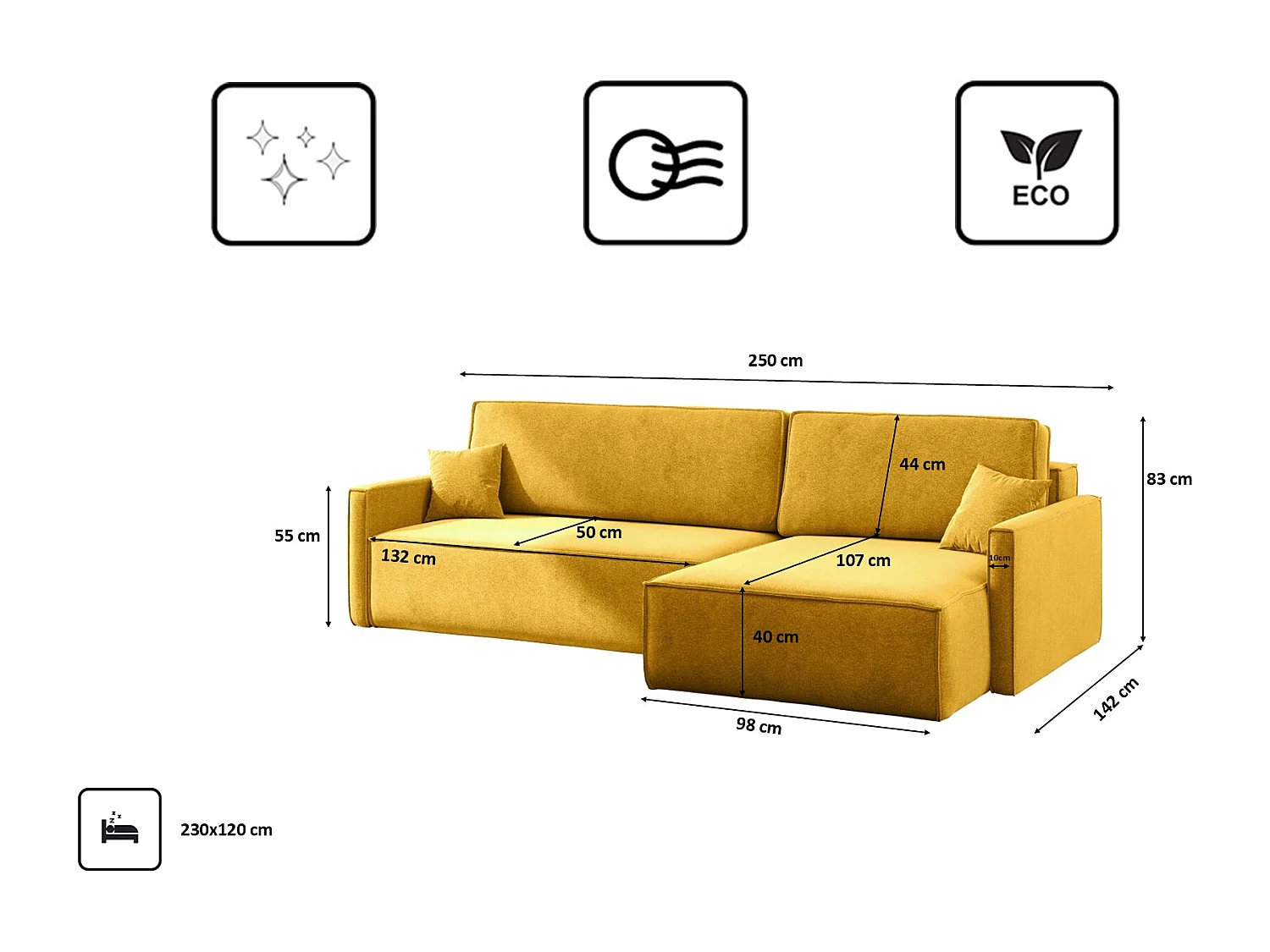 Canapé-lit en L Carlos, canapé d'angle avec coffre de lit et fonction couchage, tissu Salvador droit jaune