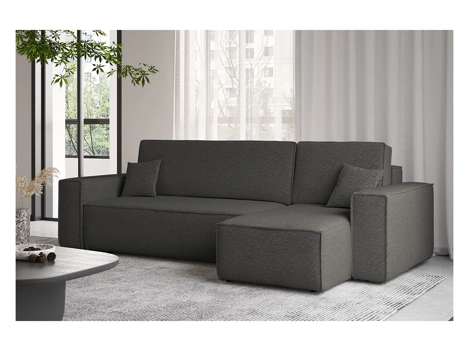 Canapé d'angle avec fonction couchage et coffre de lit, canapé d'angle en L, canapé d'angle en L BEST tissu Abriamo Graphite Droite