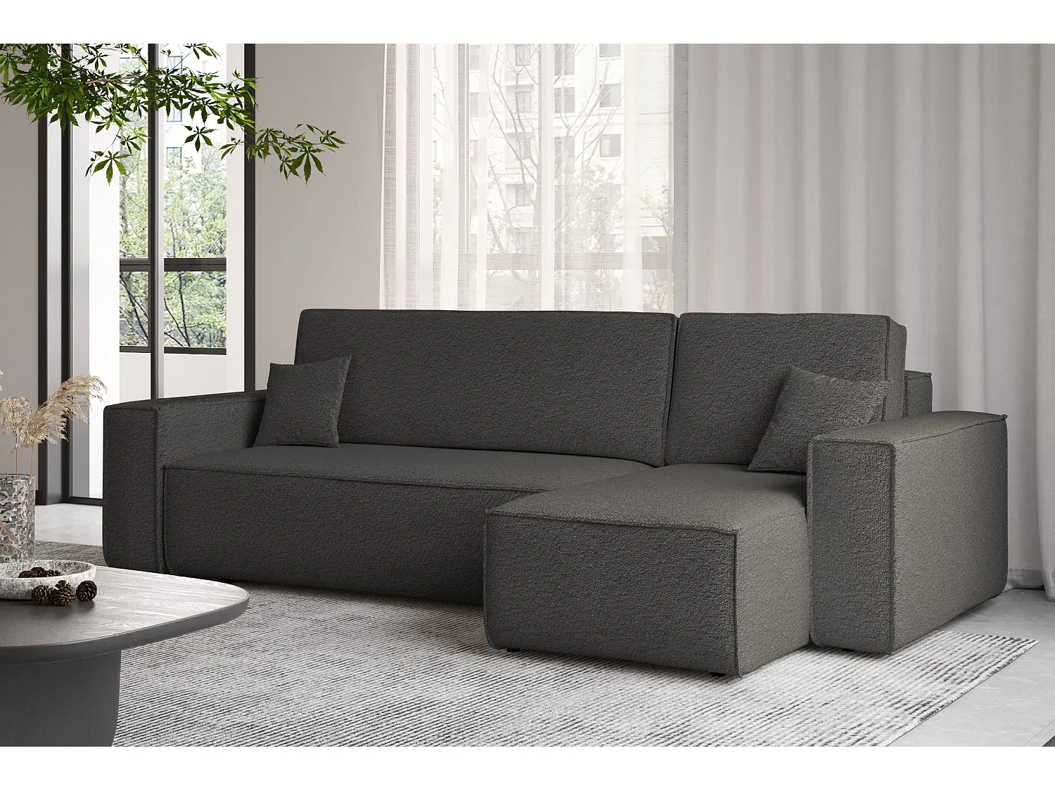 Ecksofa mit schlaffunktion und bettkasten, Ecksofa L-Form, Eckcouch L-Form BEST stoff Abriamo Graphit Rechts