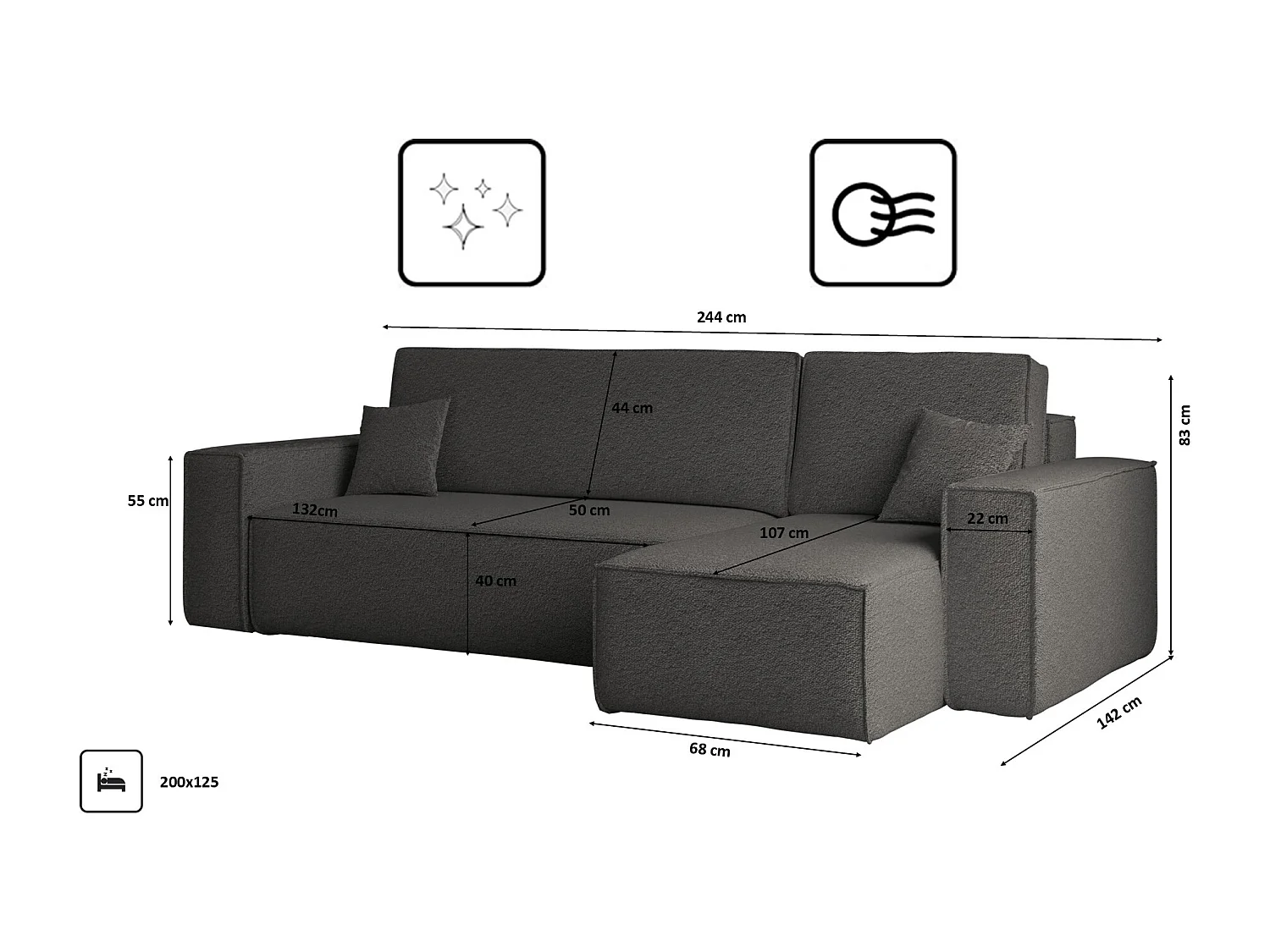 Ecksofa mit schlaffunktion und bettkasten, Ecksofa L-Form, Eckcouch L-Form BEST stoff Abriamo Graphit Rechts