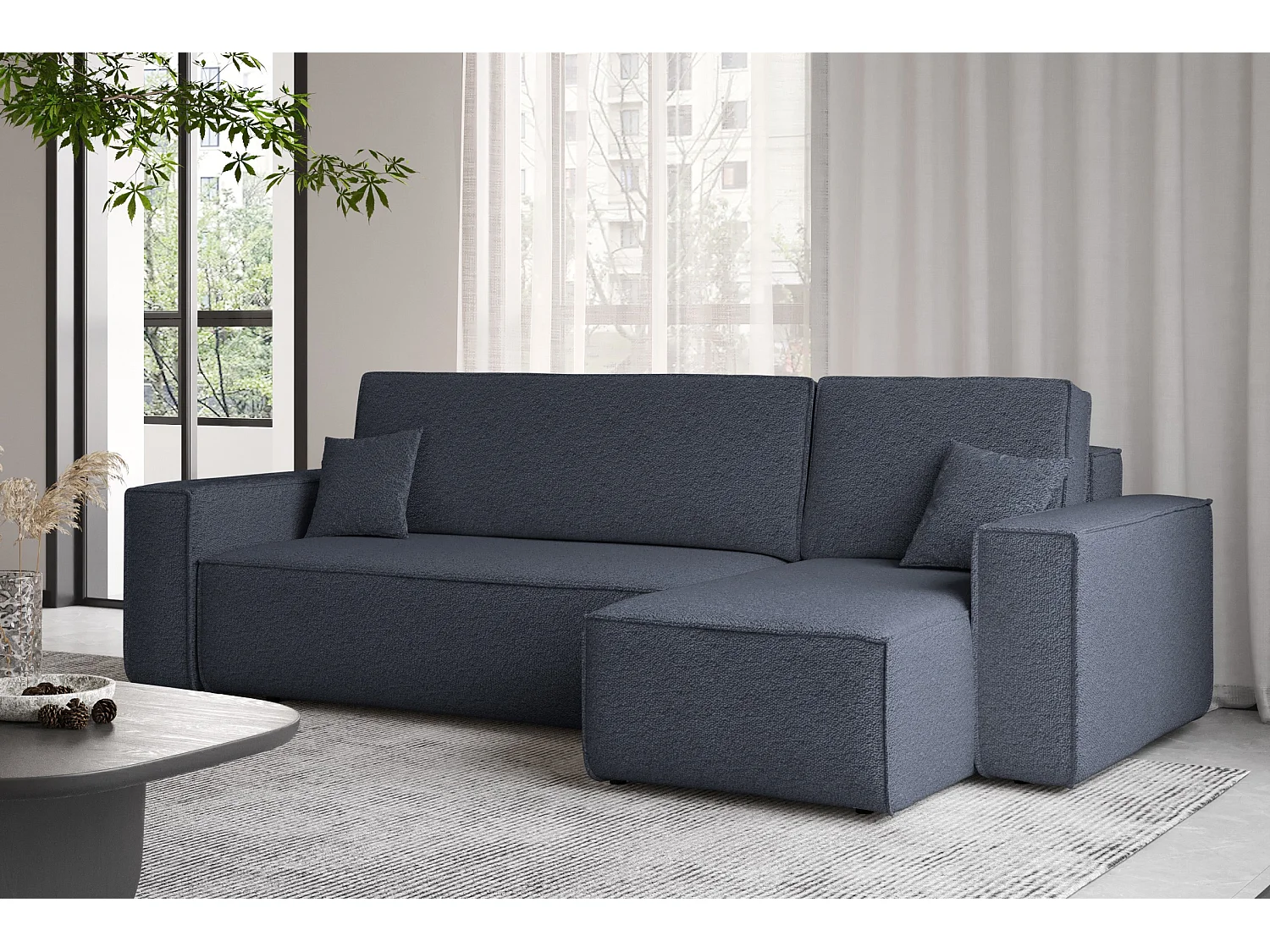 Ecksofa mit schlaffunktion und bettkasten, Ecksofa L-Form, Eckcouch L-Form BEST stoff Abriamo Dunkelblau Rechts